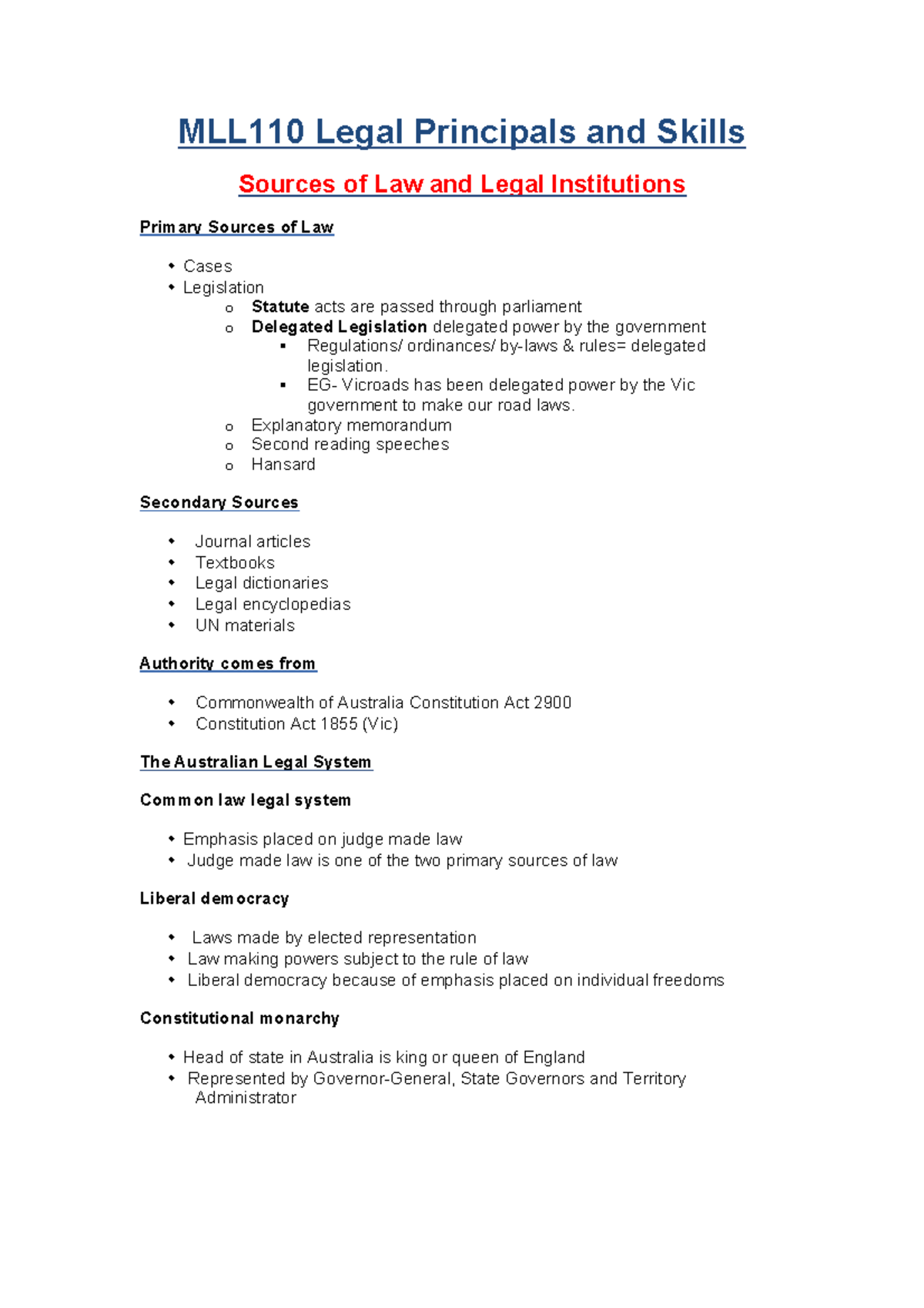 Summary - lecture Weeks 1-12 - MLL110 Legal Principals and Skills ...