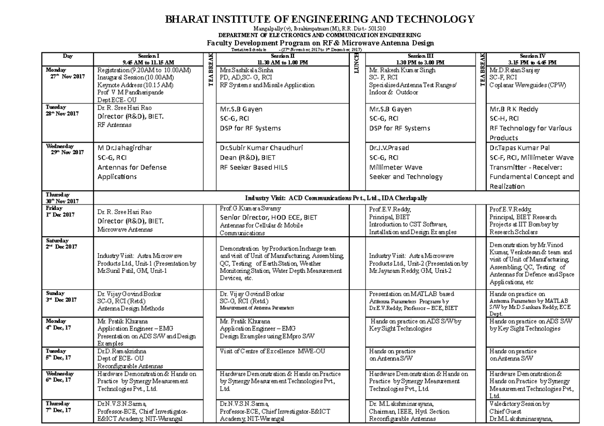 FDP Workshop -shedule Modified - BHARAT INSTITUTE OF ENGINEERING AND ...