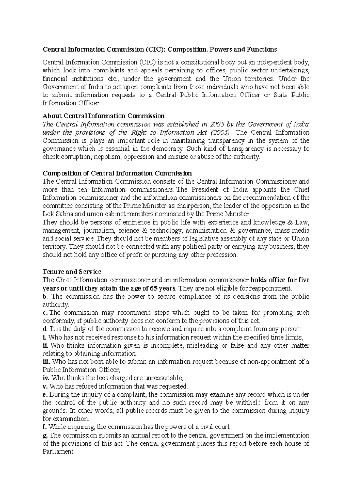 Right to Information Act Central Information Commission (CIC