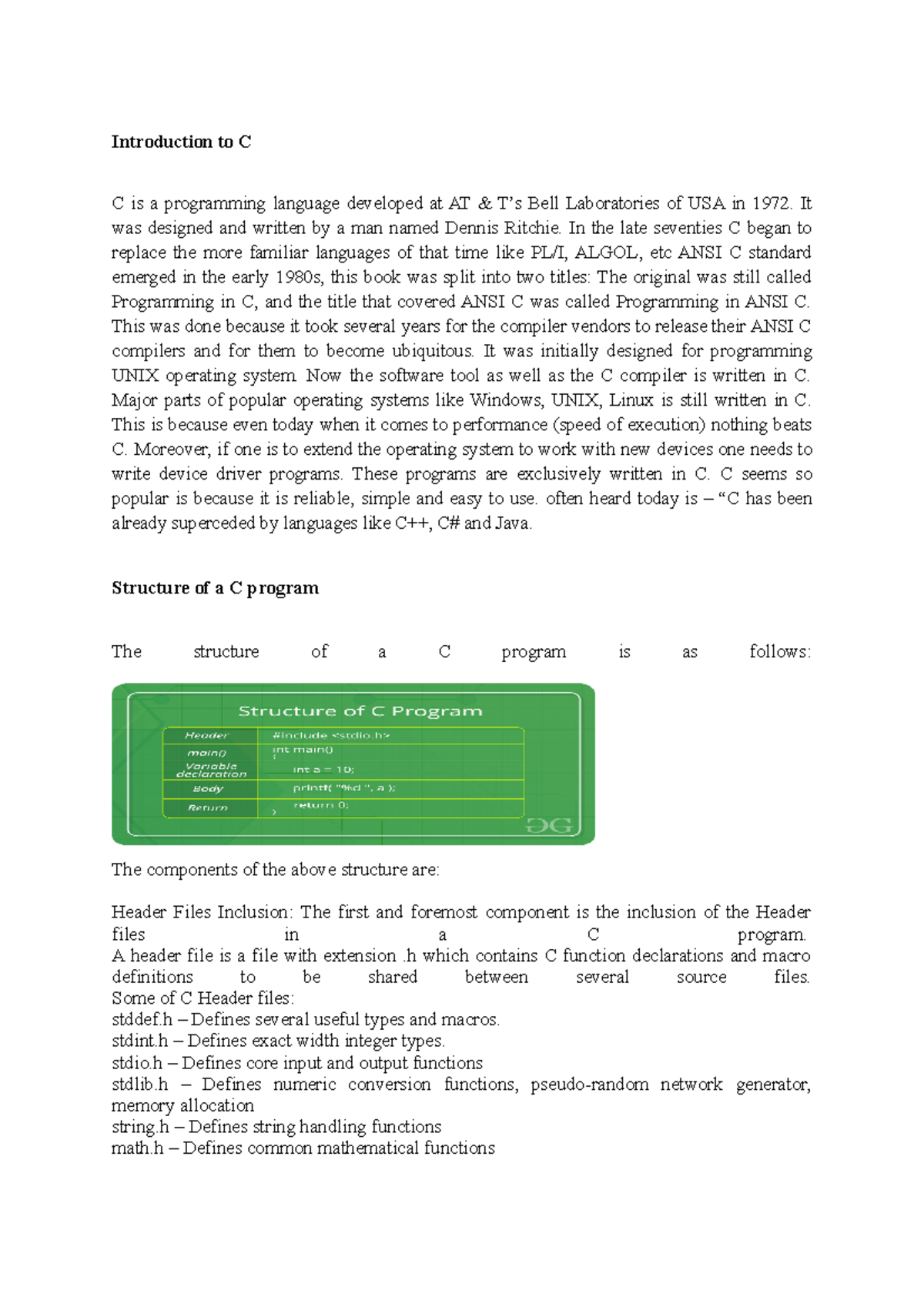 UNIT1 - INTRODUCTION - Introduction to C C is a programming language ...