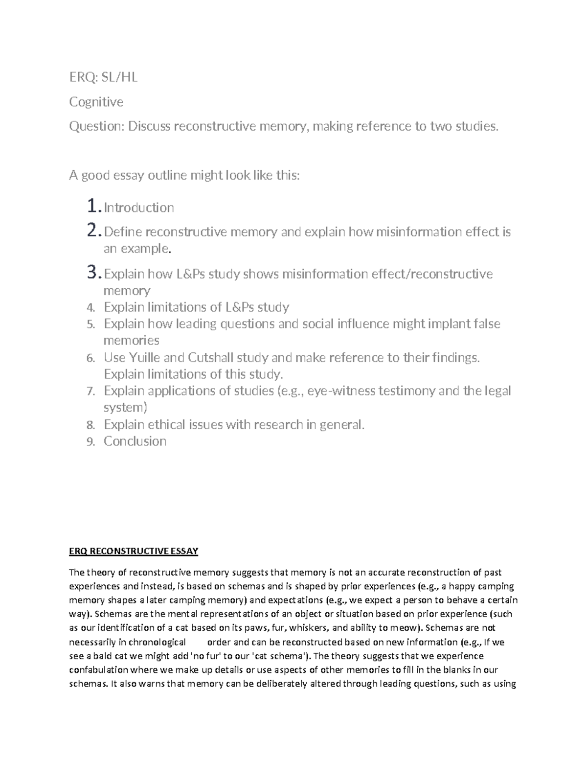 Extended Response Question on Reconstructive Memory A Theory of
