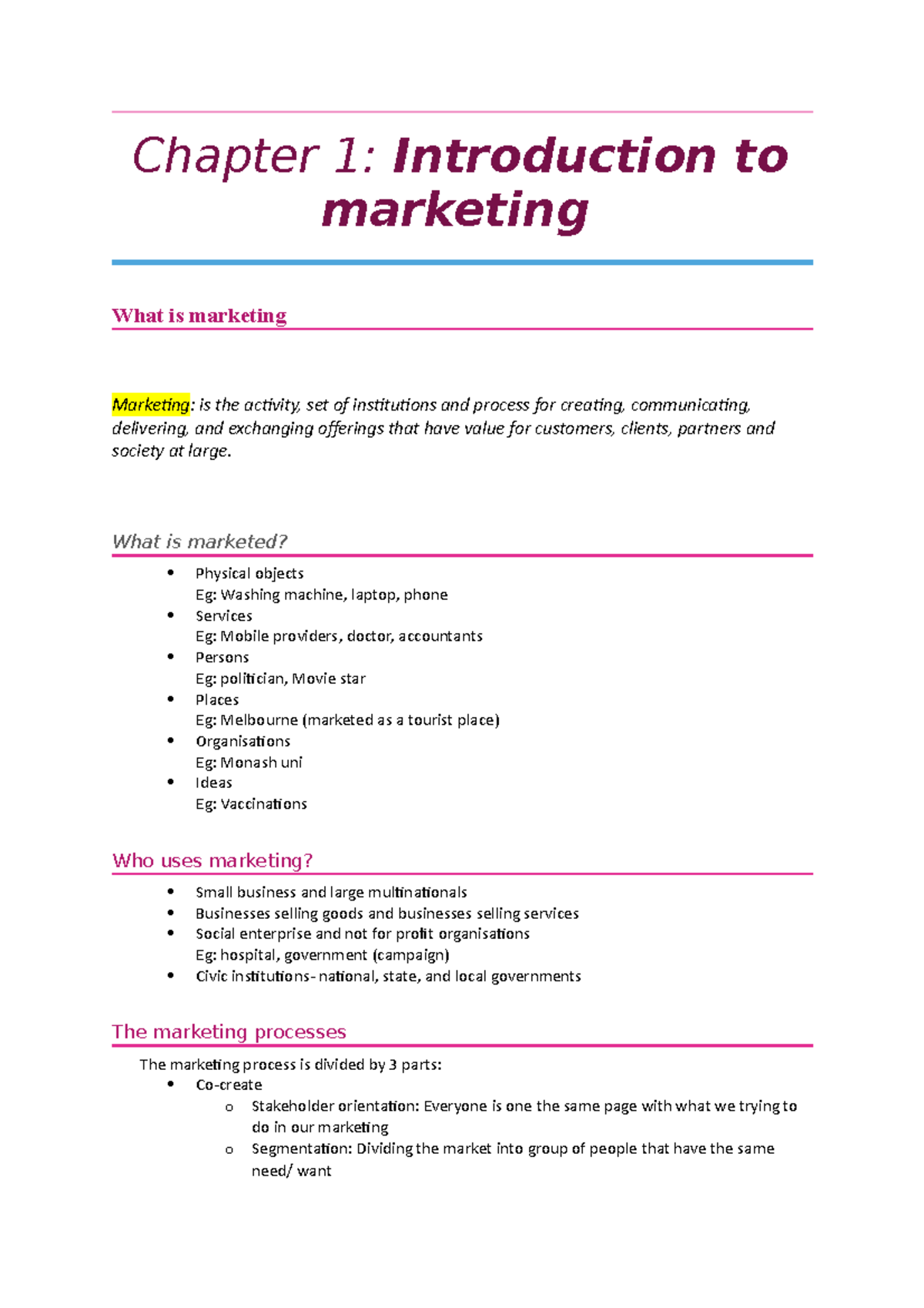Week 1 Chapter 1 - Chapter 1: Introduction to marketing What is ...