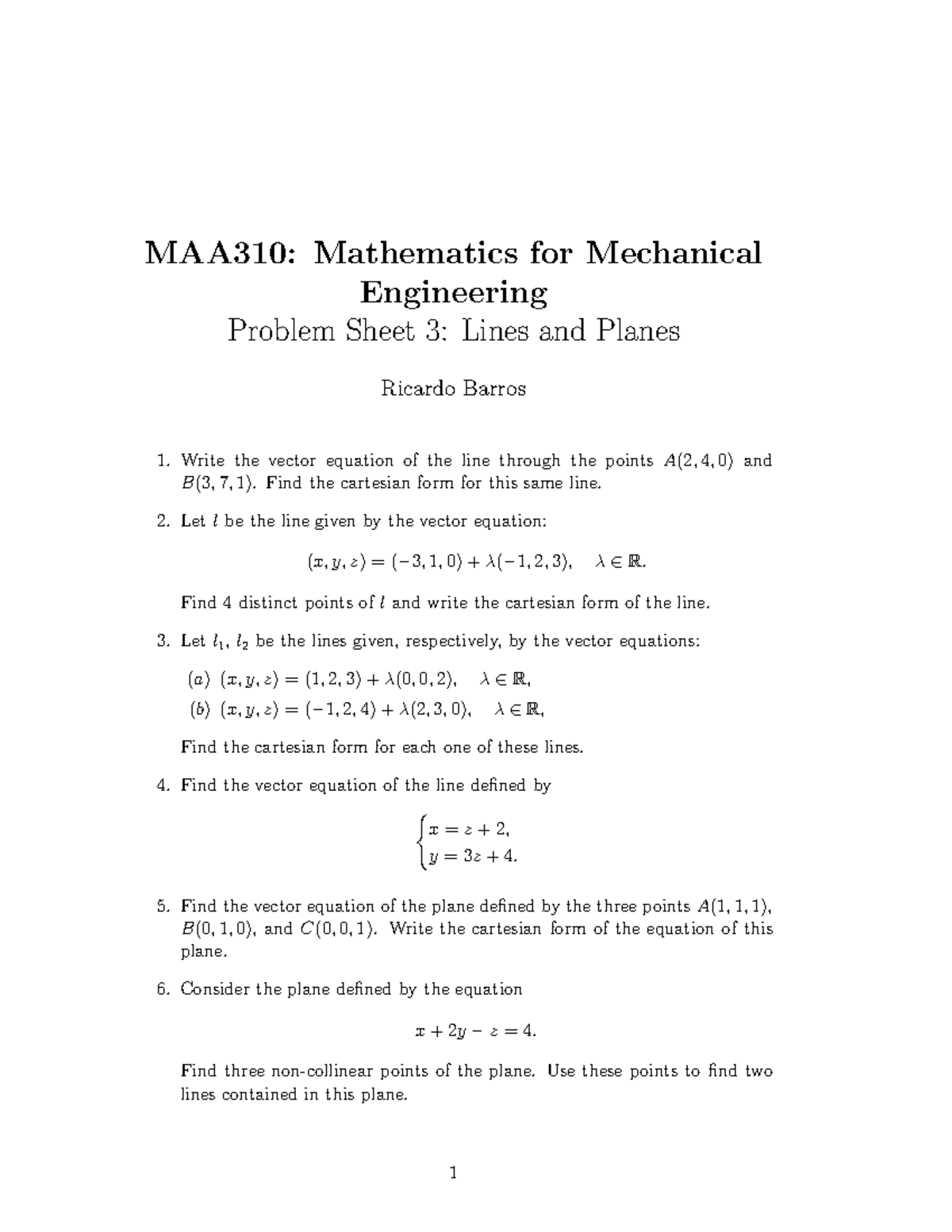 Vectors and Planes - Practice problems for a tutorial - MAA310 ...