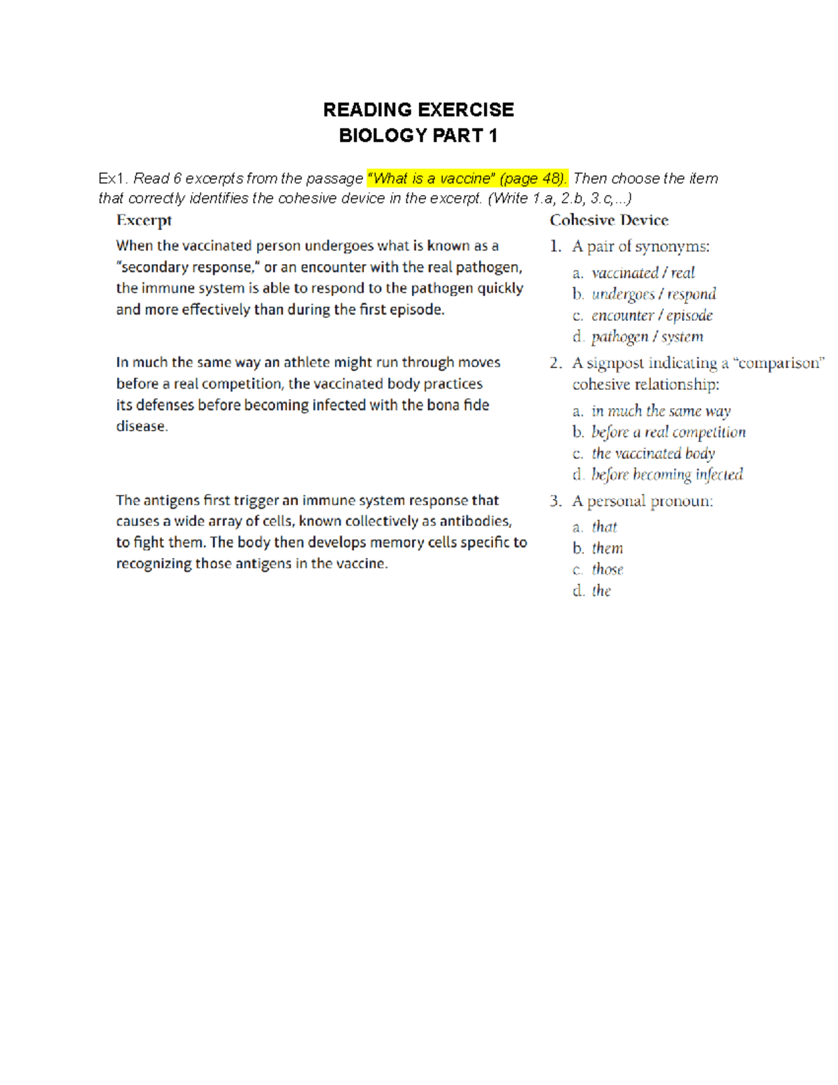 Reading Exercise - 111 - READING EXERCISE BIOLOGY PART 1 Ex1. Read 6 ...