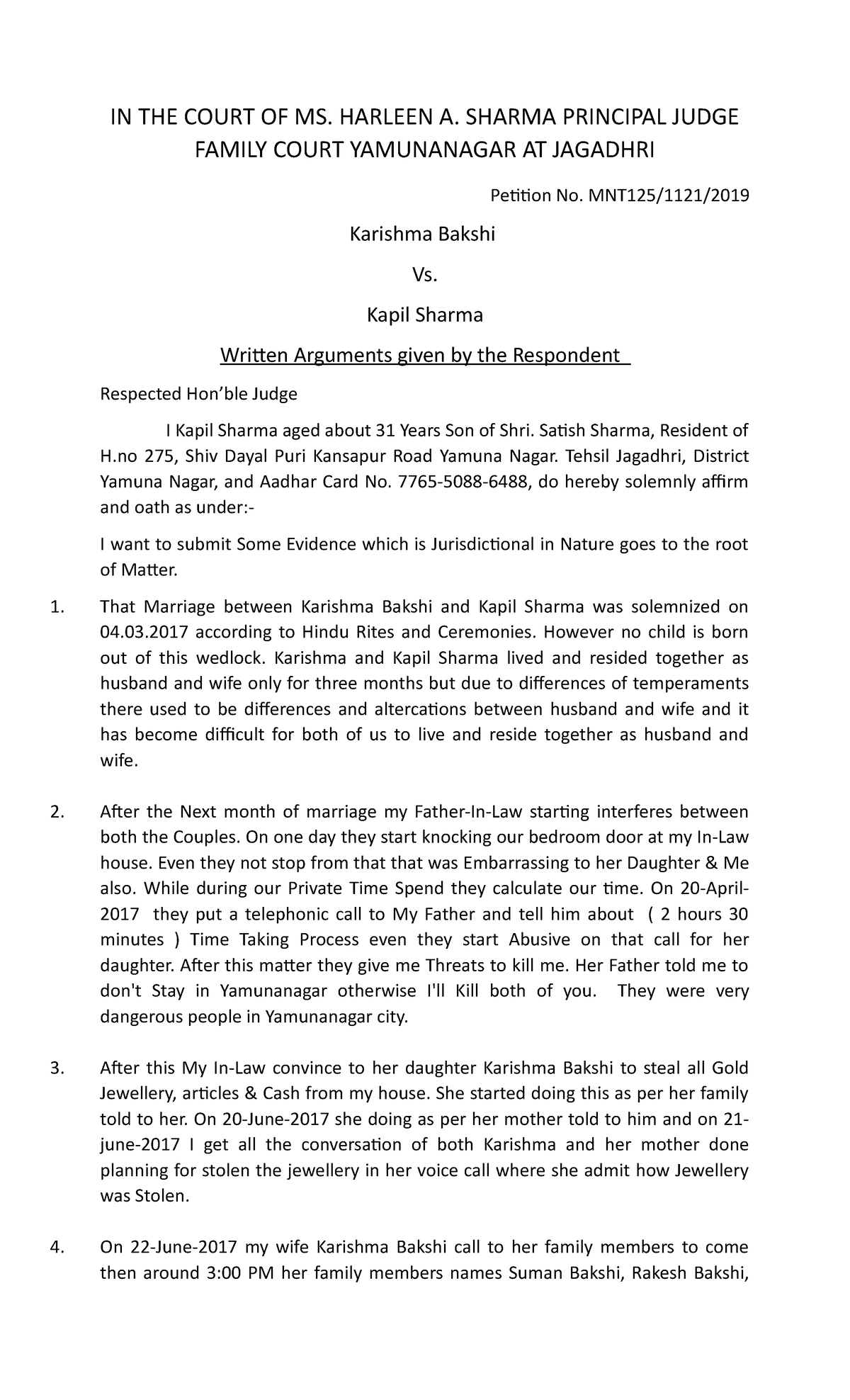 Written Argument 125 - Trial practice - IN THE COURT OF MS. HARLEEN A ...