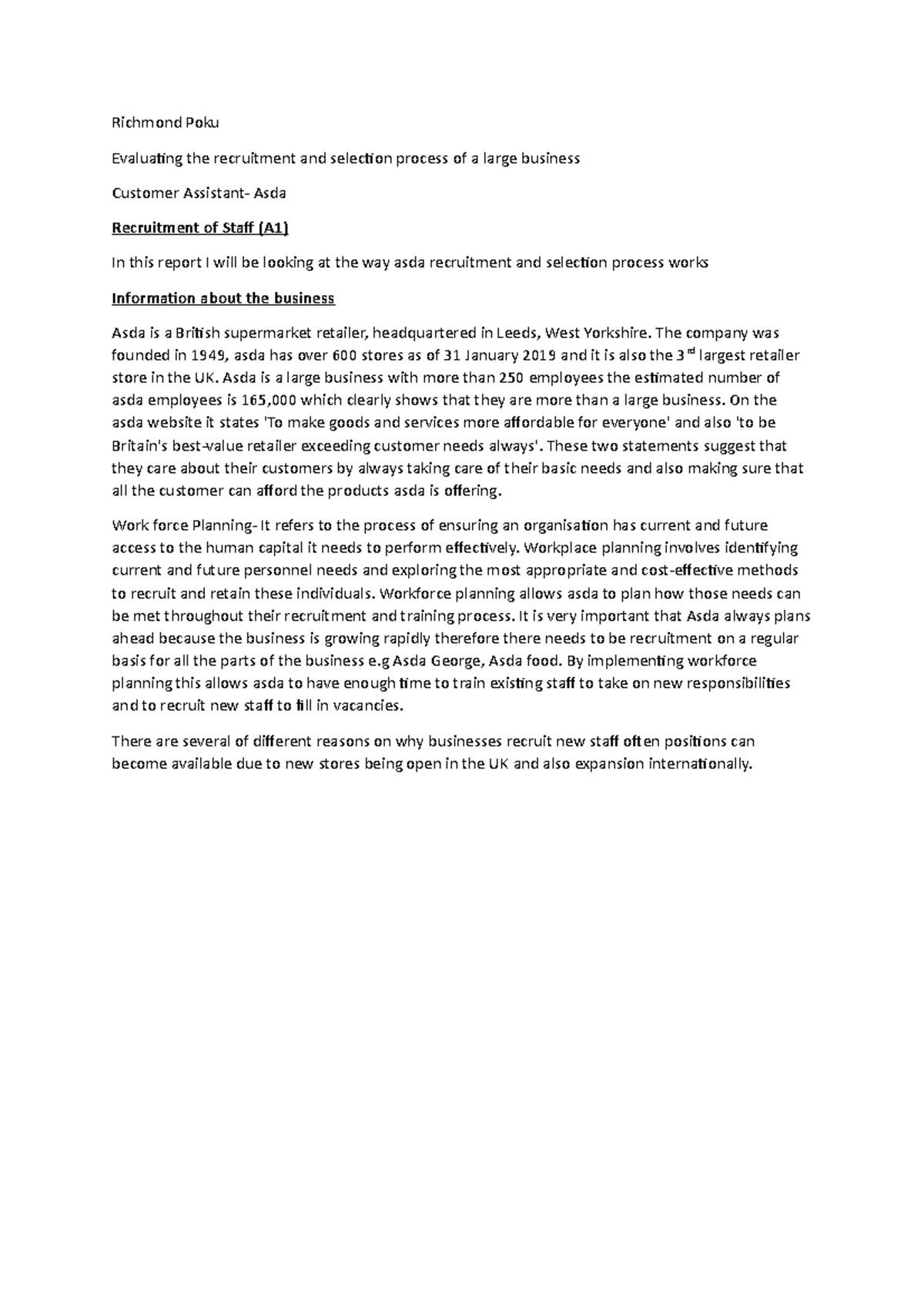 Asda i do this for yb and yb only Richmond Poku Evaluating the recruitment and selection