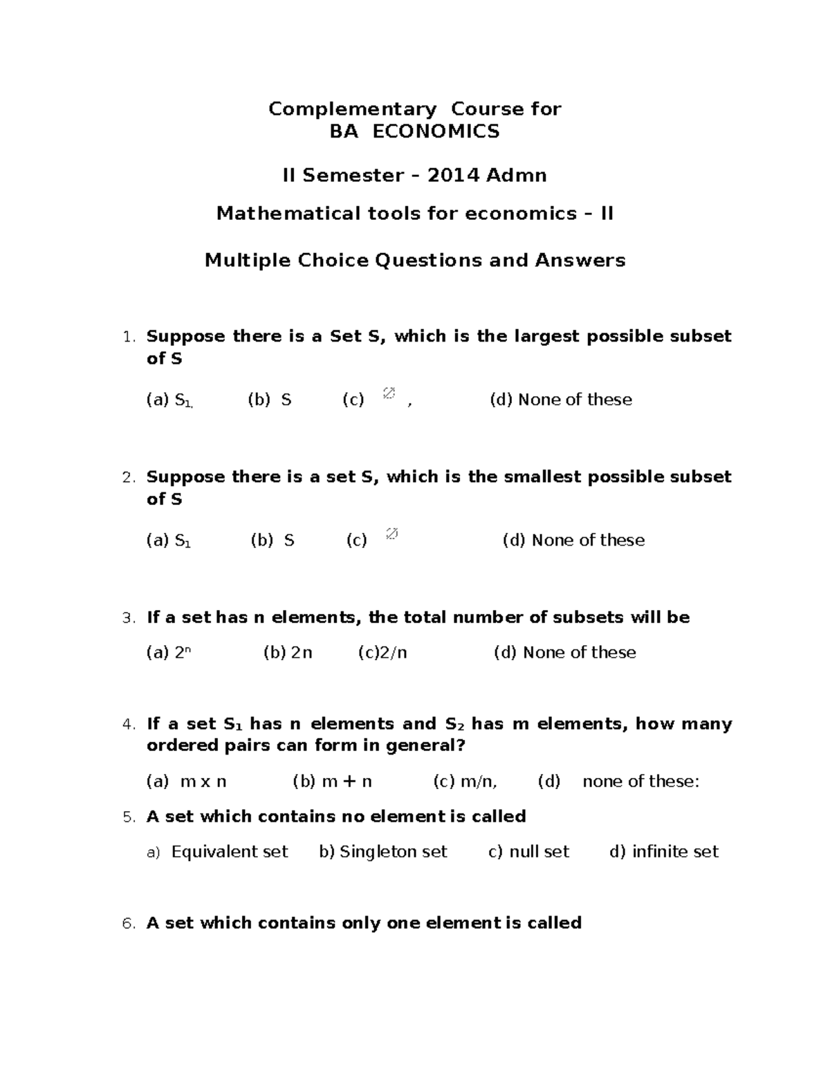 Mathematical Tools FOR Economic 1 Question BANK - Complementary Course ...