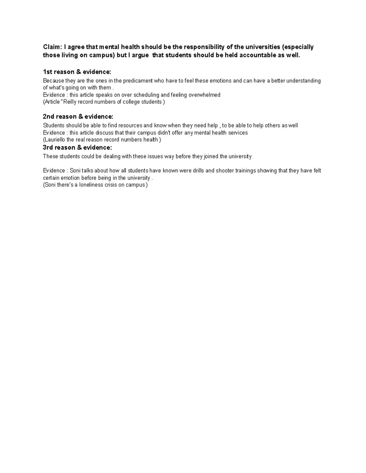 Potential main claim W reasons and evidence practice example - Claim: I ...