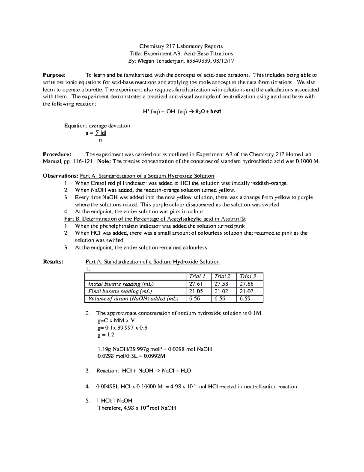LAB A3 Lab A3 experiment Chemistry 217 Laboratory Reports Title