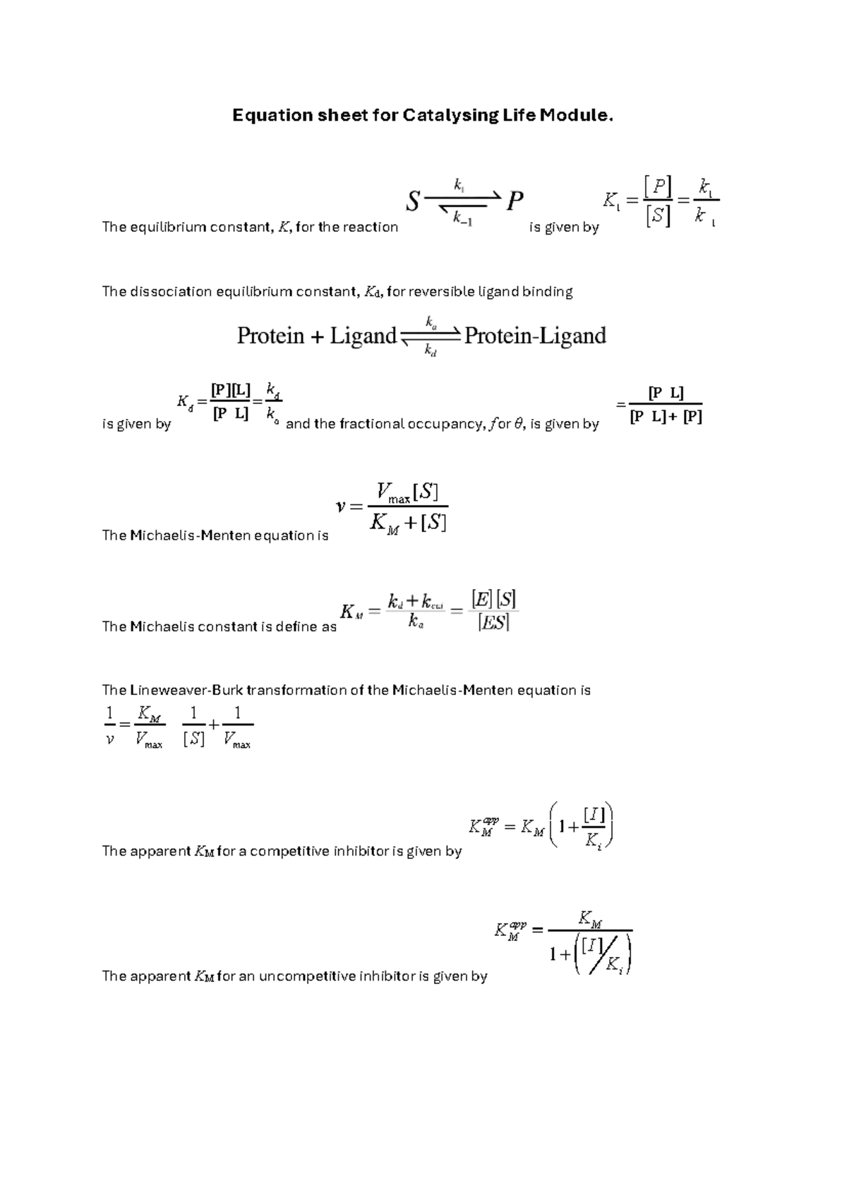 Equation sheet for Catalysing Life Module - The equilibrium constant, K ...