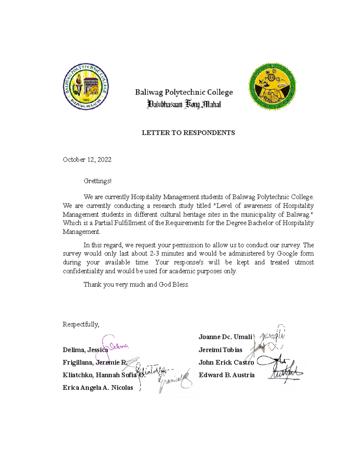 Letter FOR Respondents - LETTER TO RESPONDENTS October 12, 2022 ...