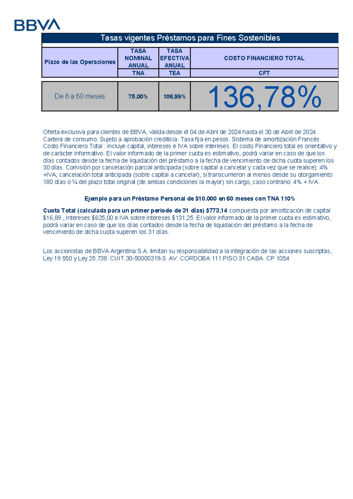 Alternativa Nº1 BBVA - TASA NOMINAL ANUAL TASA EFECTIVA ANUAL COSTO ...