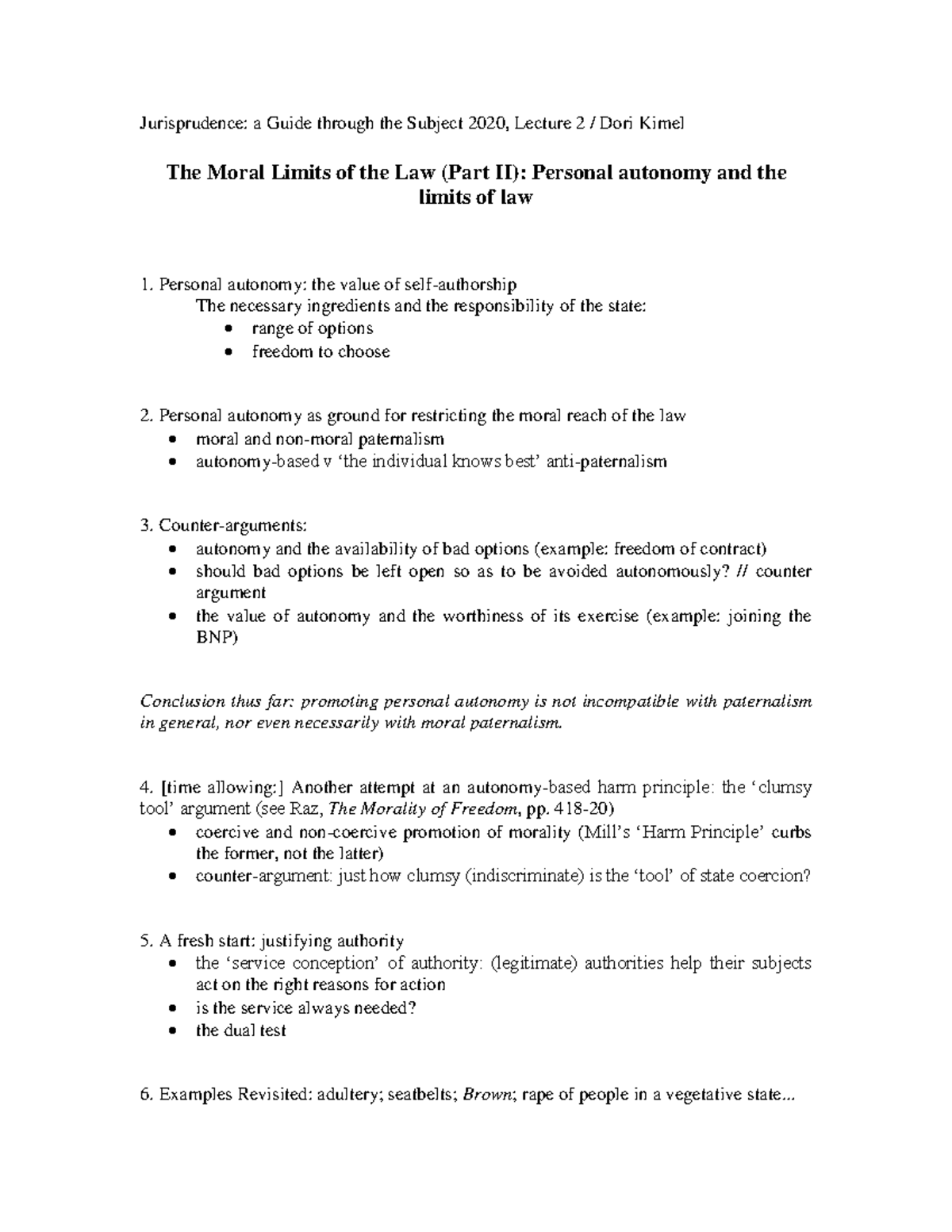 Kimel Lecture 2 Personal Autonomy and the limits of the law