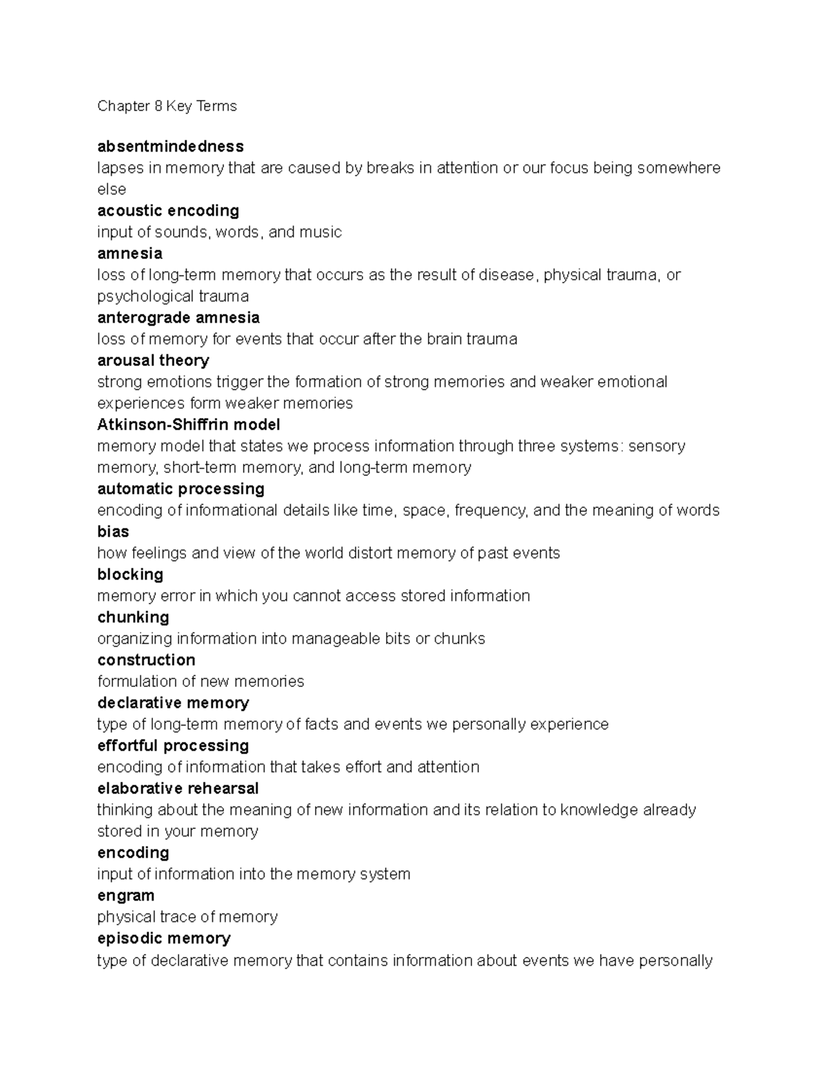 Chapter 8 Key Terms - vocab - Chapter 8 Key Terms absentmindedness ...