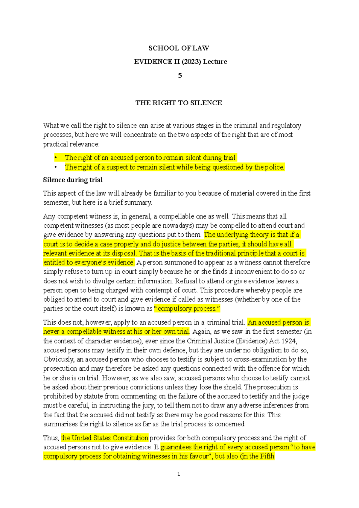 Evidence II Lecture 5 - The Right to Silence - SCHOOL OF LAW EVIDENCE ...