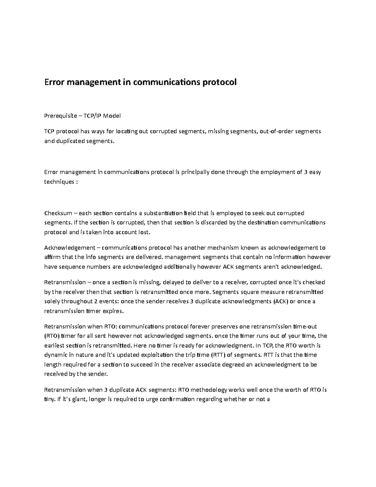 Error management in communications protocol - Error management in ...