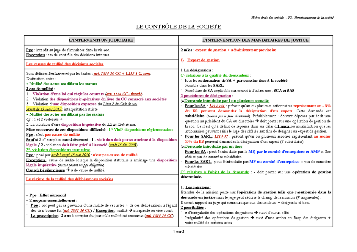 Fiche le contrôle de la société - droit des sociétés - Fiches droit des