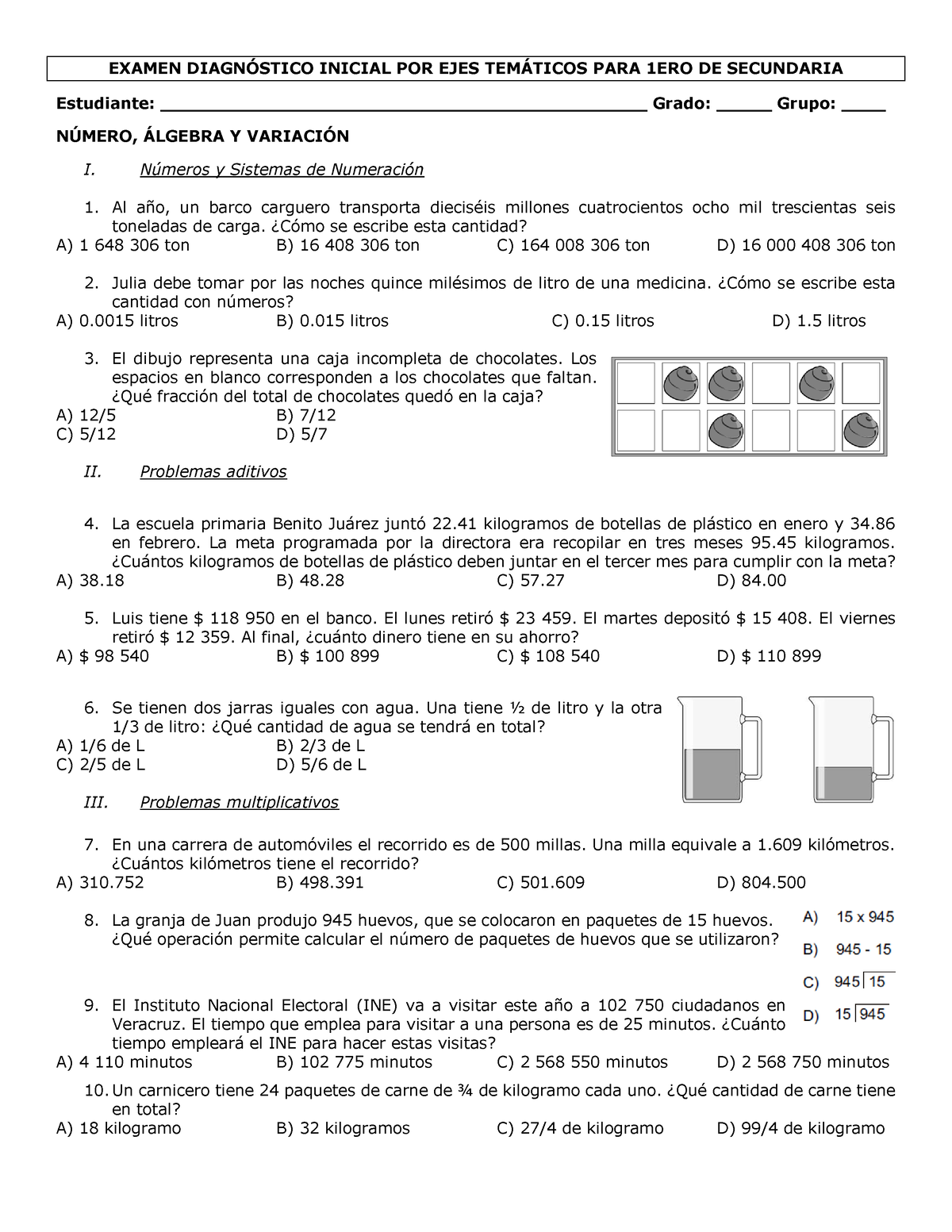 Examen Diagnostico Matematicas 1 Secundaria Examen DiagnÓstico Inicial Por Ejes TemÁticos Para 5843