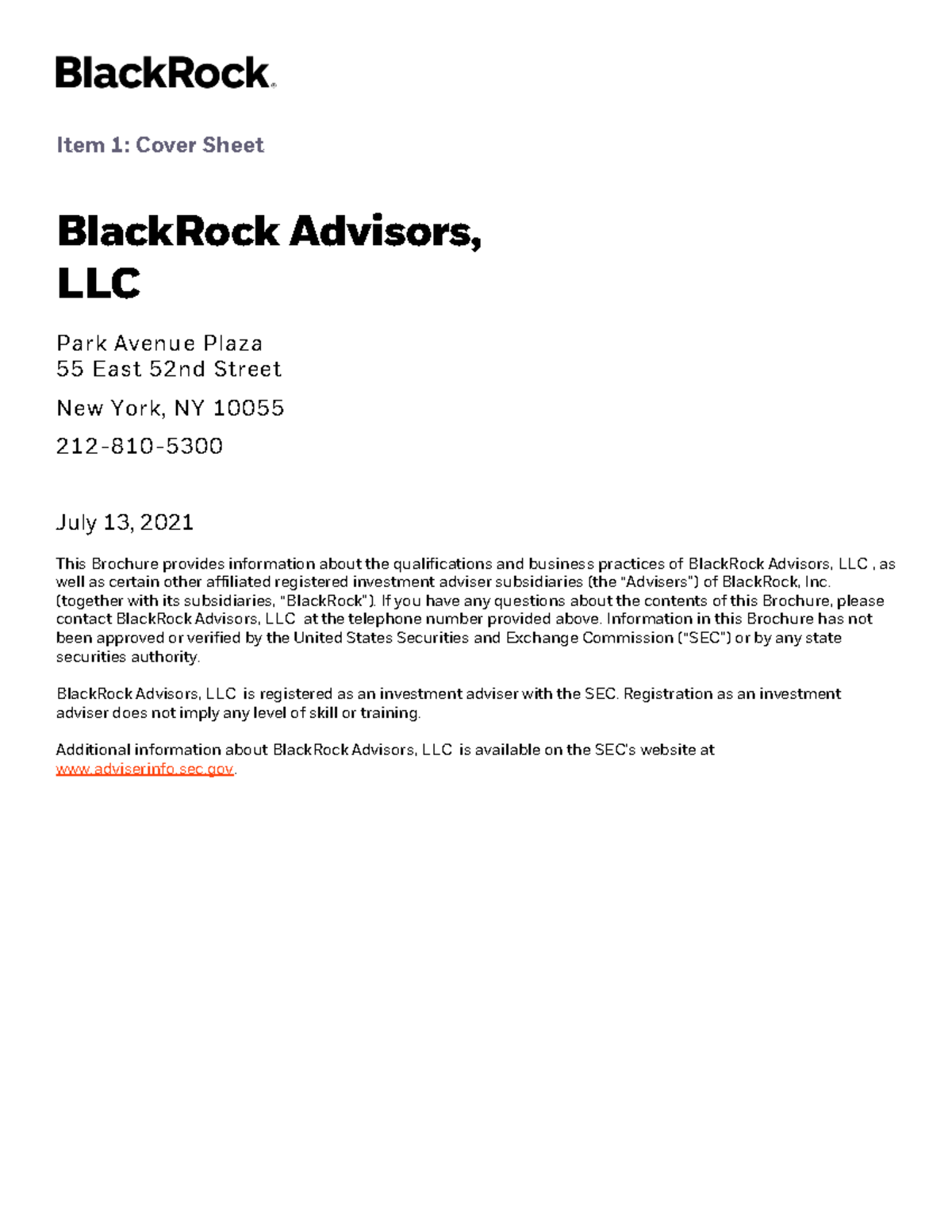 Black rock sec form adv risk report item 1 cover sheet blackrock