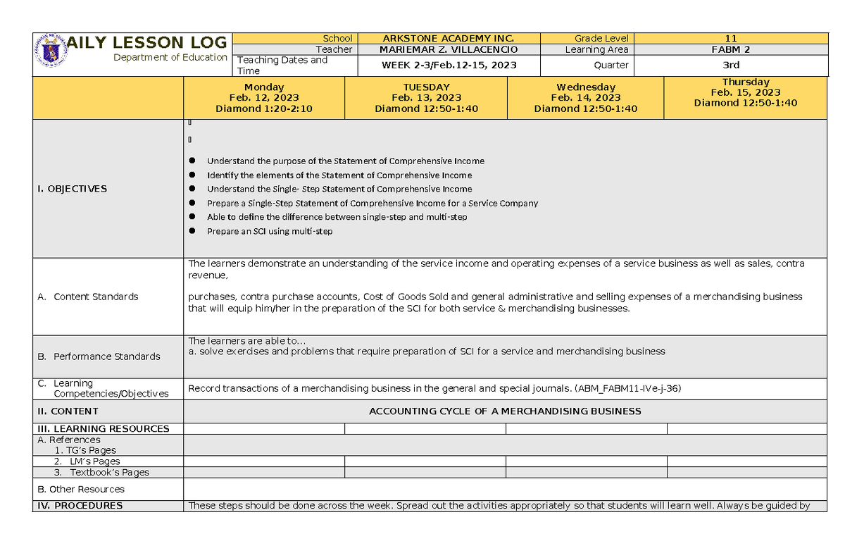 FABM 1 Quarter 2 WEEK 4 - DAILY LESSON LOG Department Of Education ...