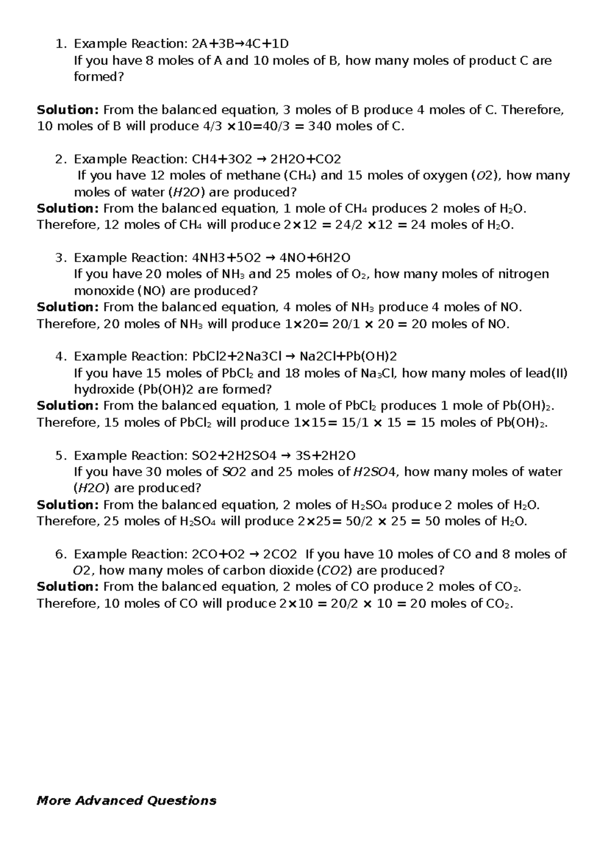 Extended Mole Ratio Questions with Stoich - Example Reaction: 2A+3B→4C ...