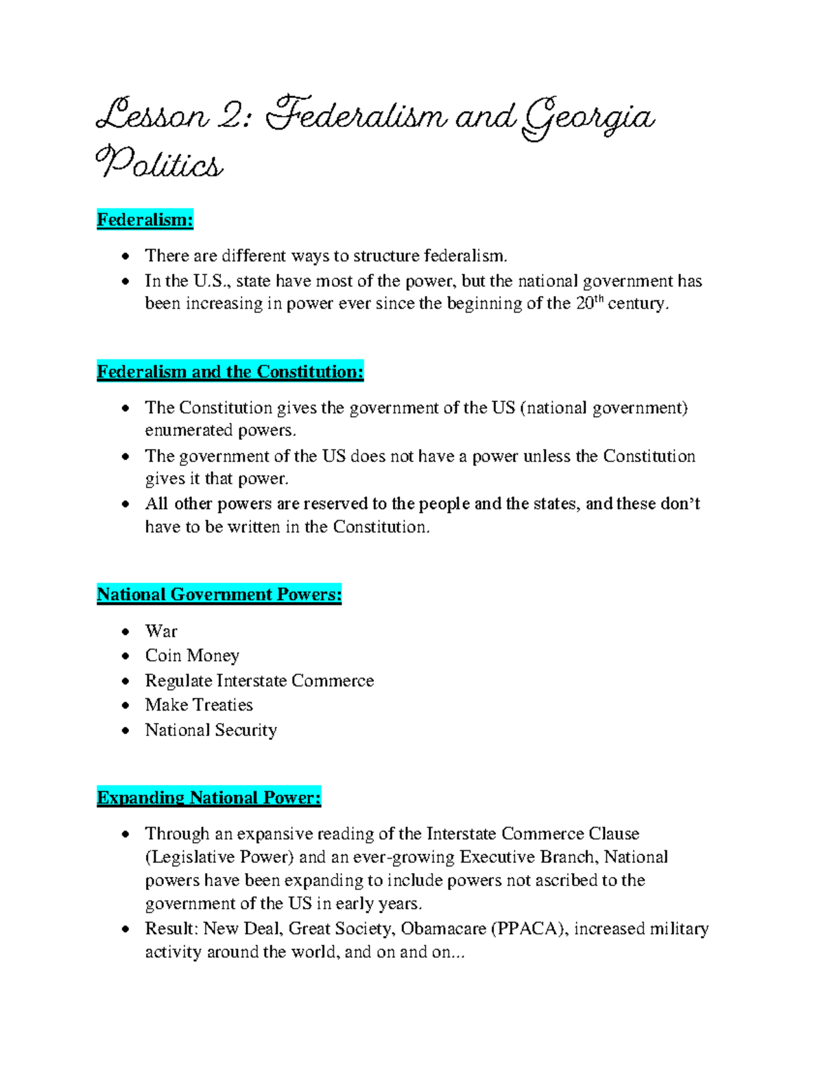 Lesson 2 Federalism and Politics Notes Lesson 2 Federalism