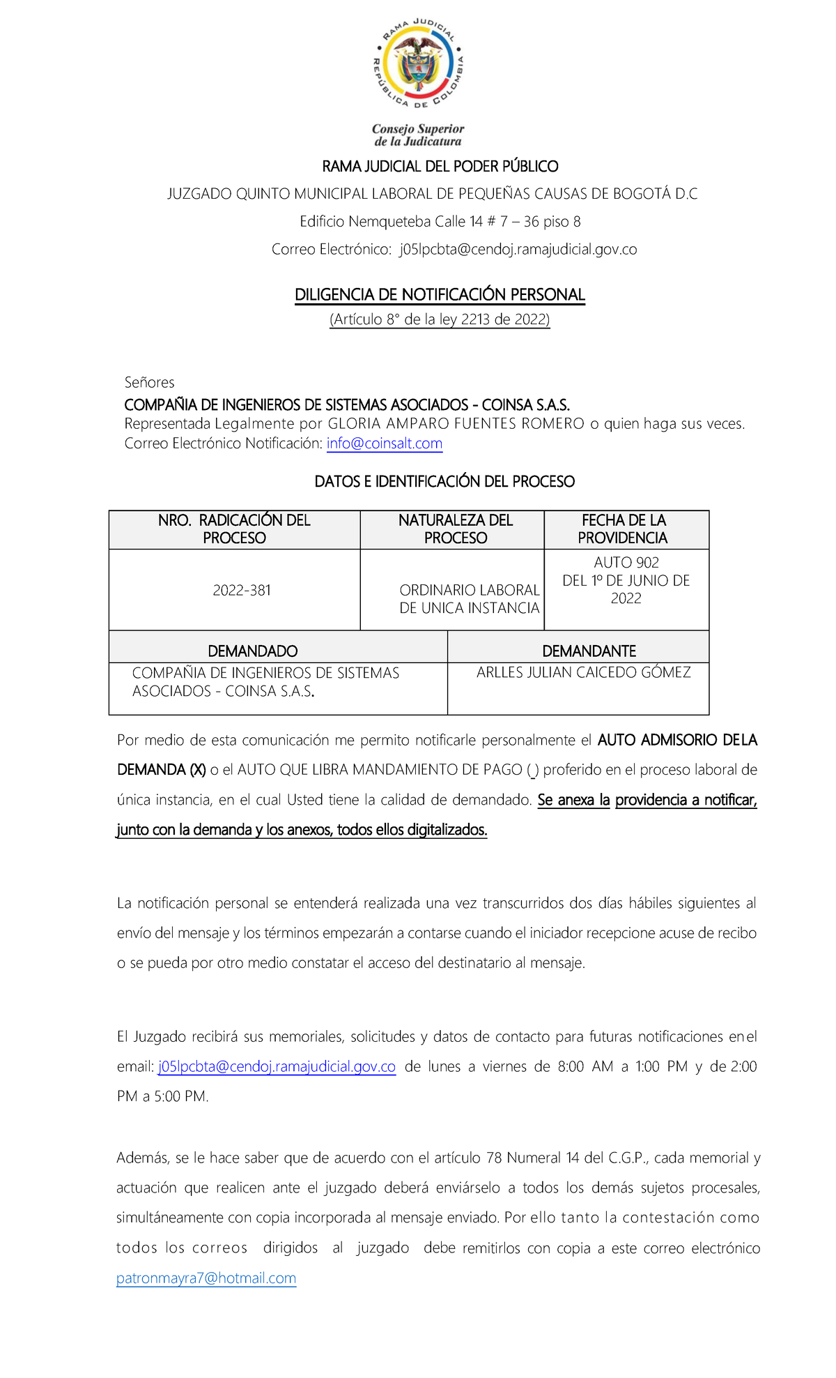 Notificacion LEY 2213 - LEY 2213 - NRO. RADICACIÓN DEL PROCESO NATURALEZA  DEL PROCESO FECHA DE LA - Studocu