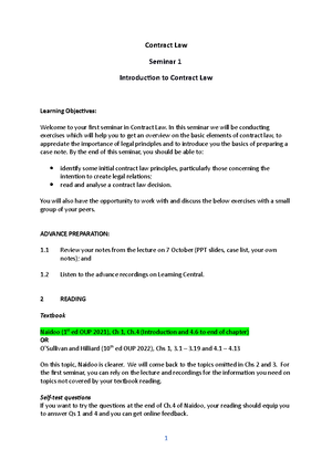 Seminar 1 Introduction to Contract Law - Contract Law Seminar 1 ...