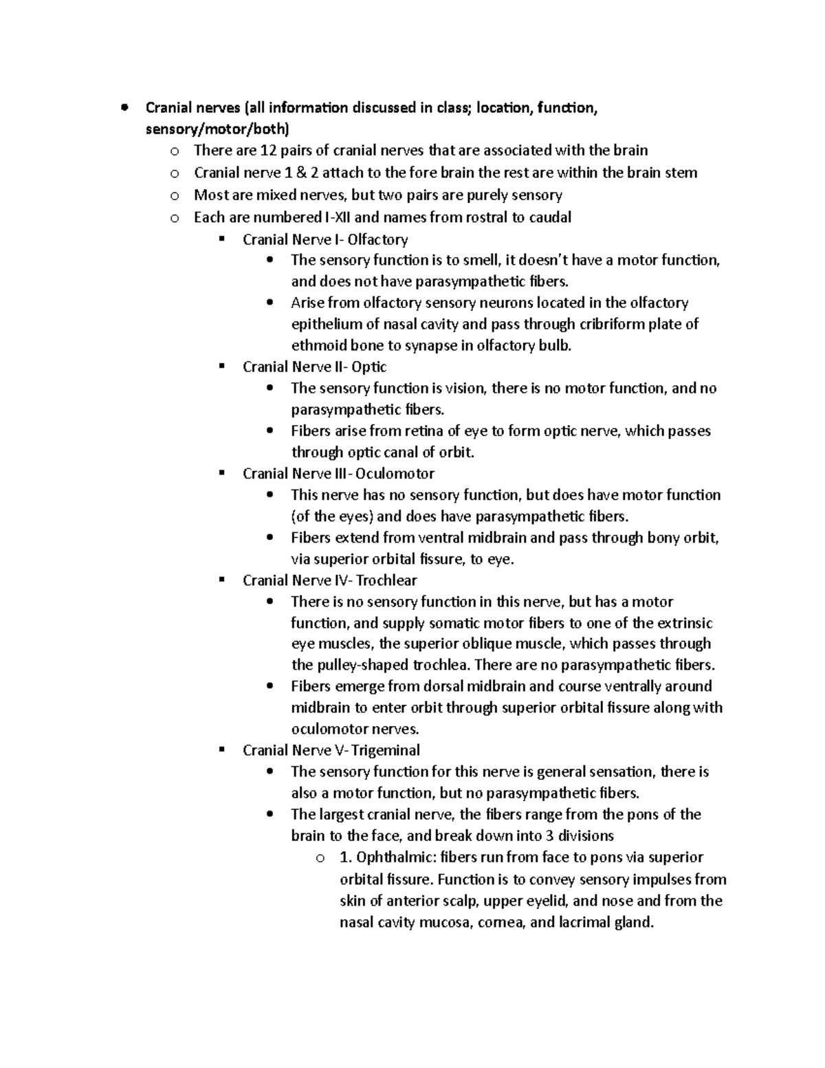 EXAM 3 notes of nerves - Cranial nerves (all information discussed in ...