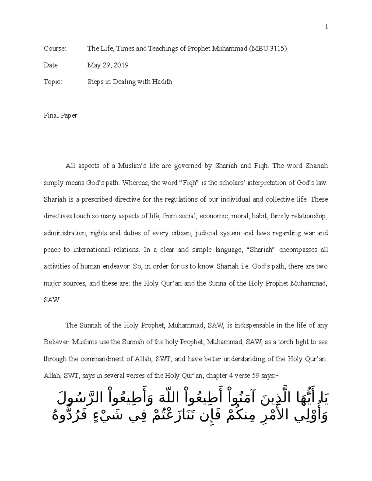 Final Paper on Hadith hyperpolical - Course: The Life, Times and ...