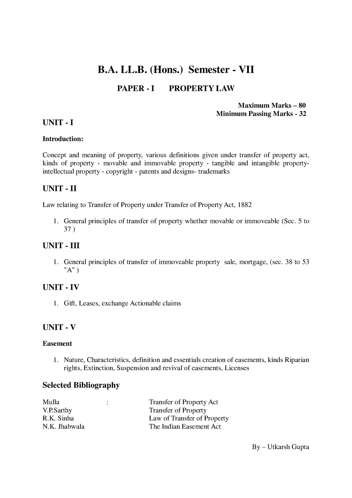 B.A.LL.B. Syllabus 7th Semester - B. LL. (Hons.) Semester - VII PAPER ...