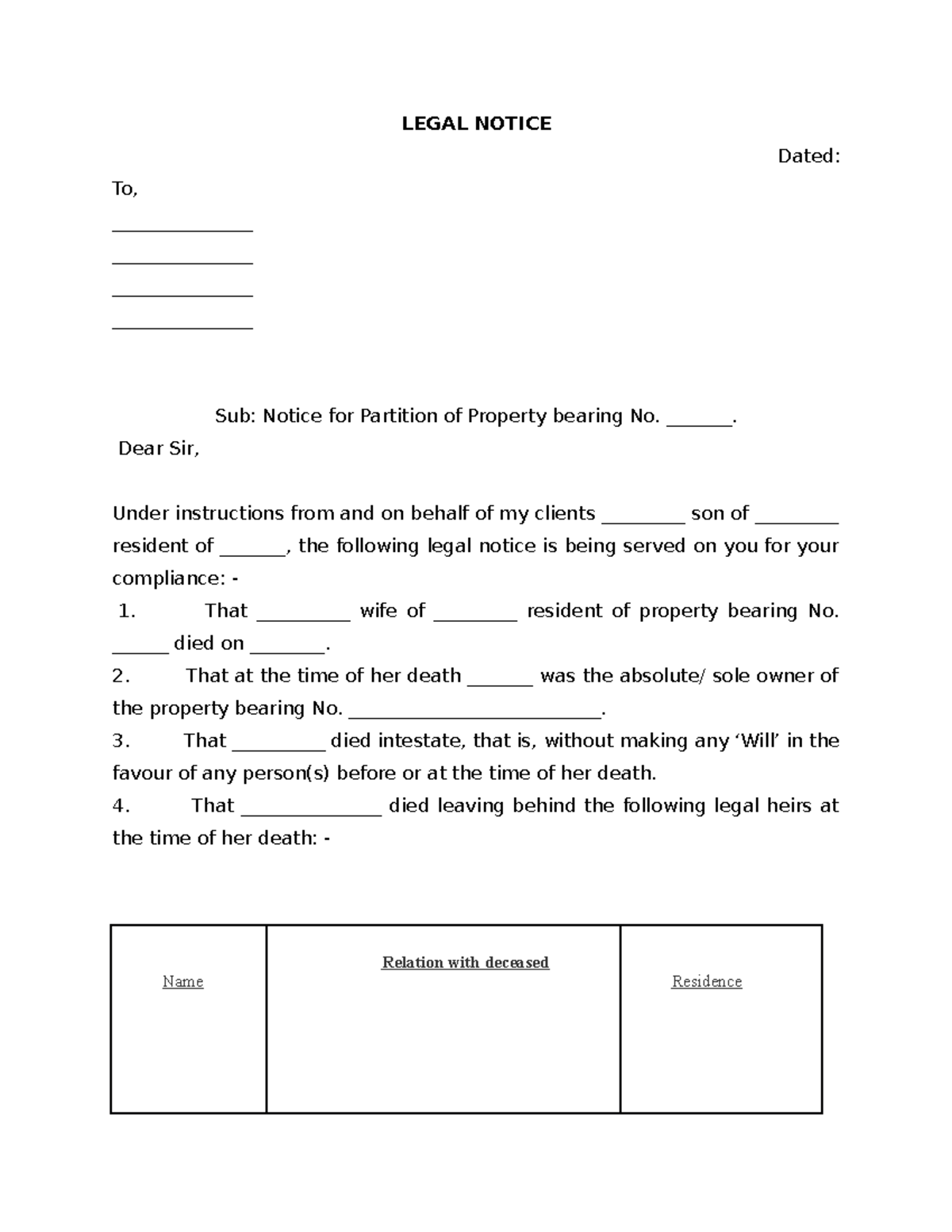 Legal Notice for Property Partition LEGAL NOTICE Dated To