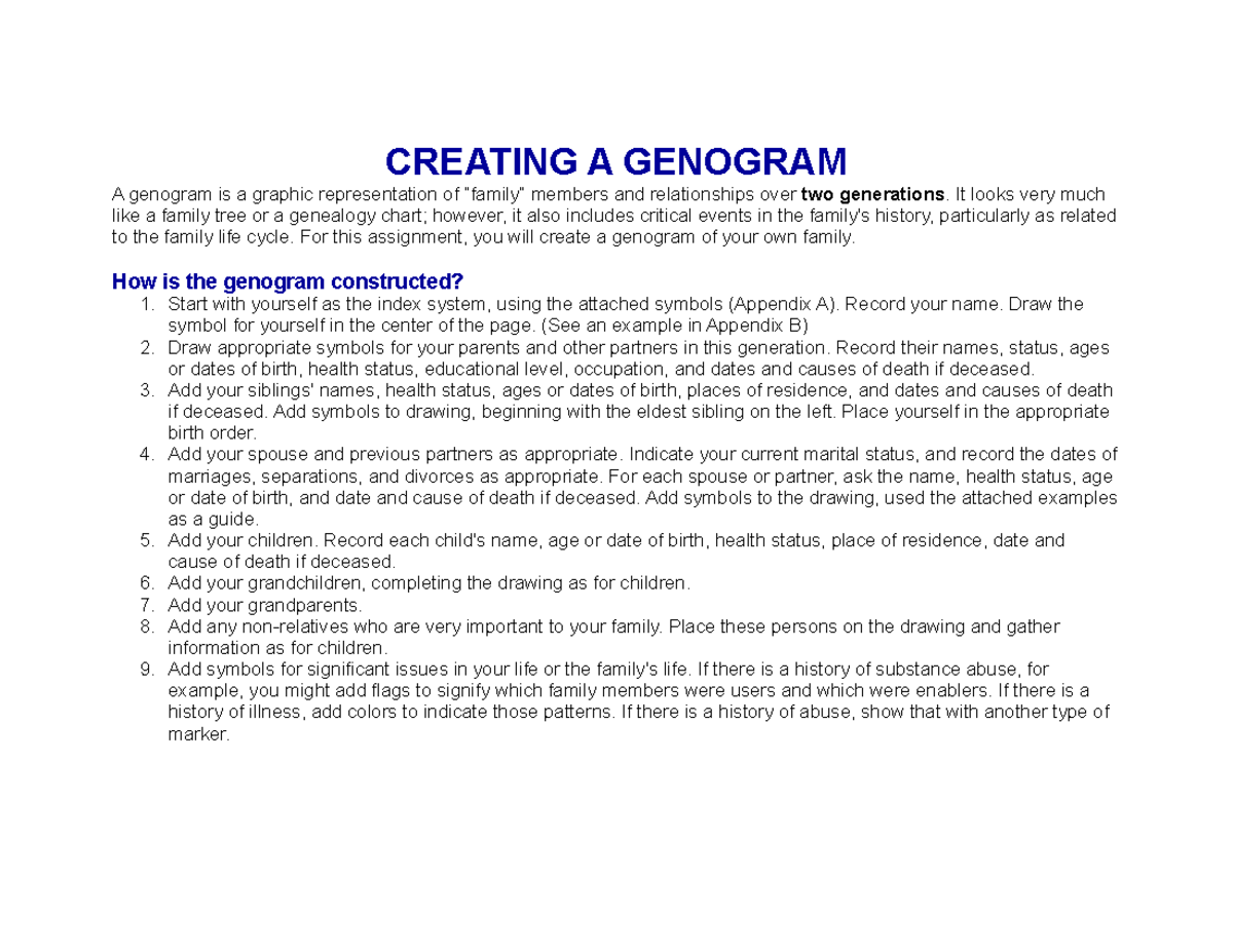W22 Wk#1 Genogramassignment - CREATING A GENOGRAM A genogram is a ...