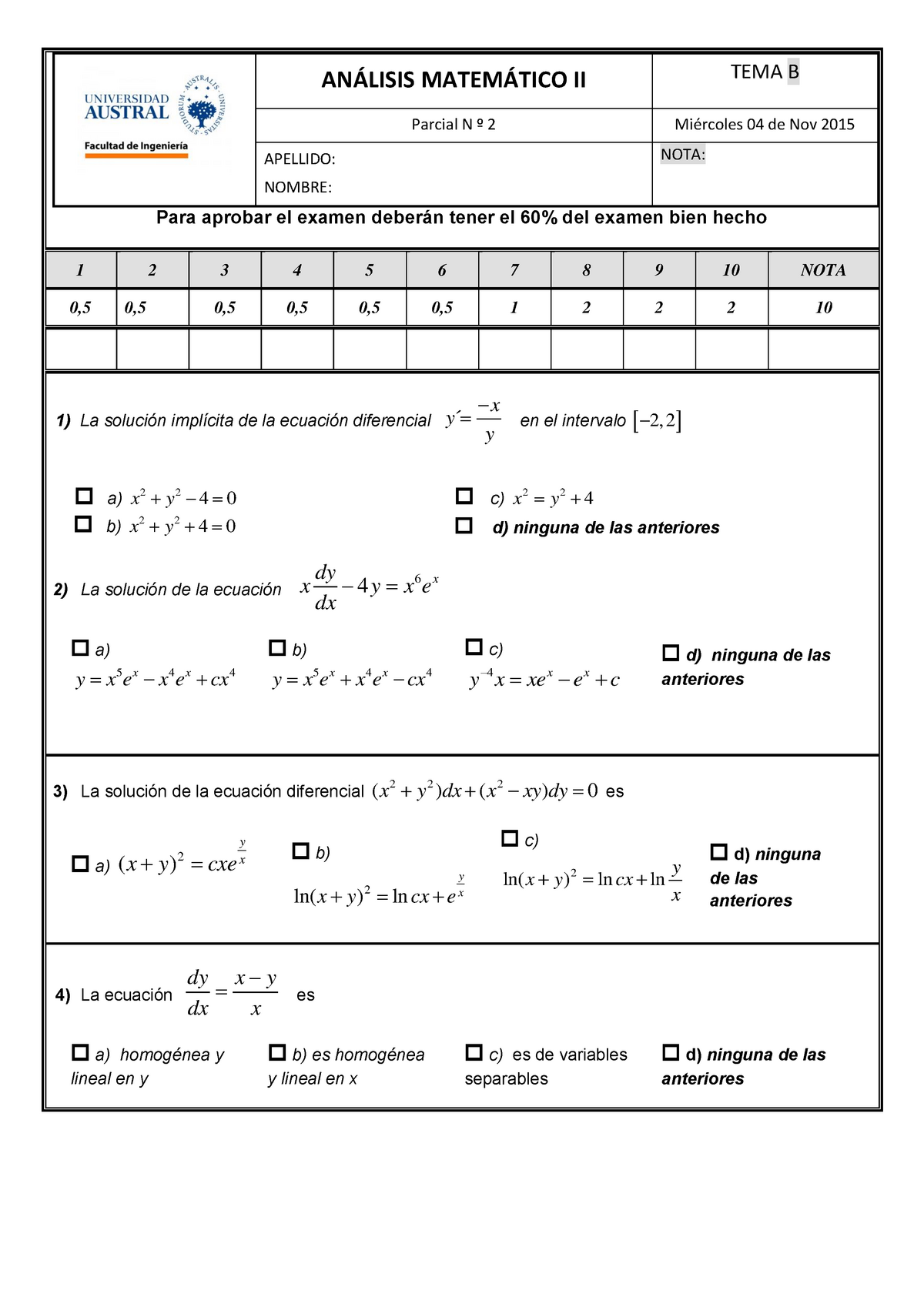 20151104 - AMII P2 Tema_B - ANÁLISIS MATEMÁTICO II TEMA B Parcial N º 2 ...