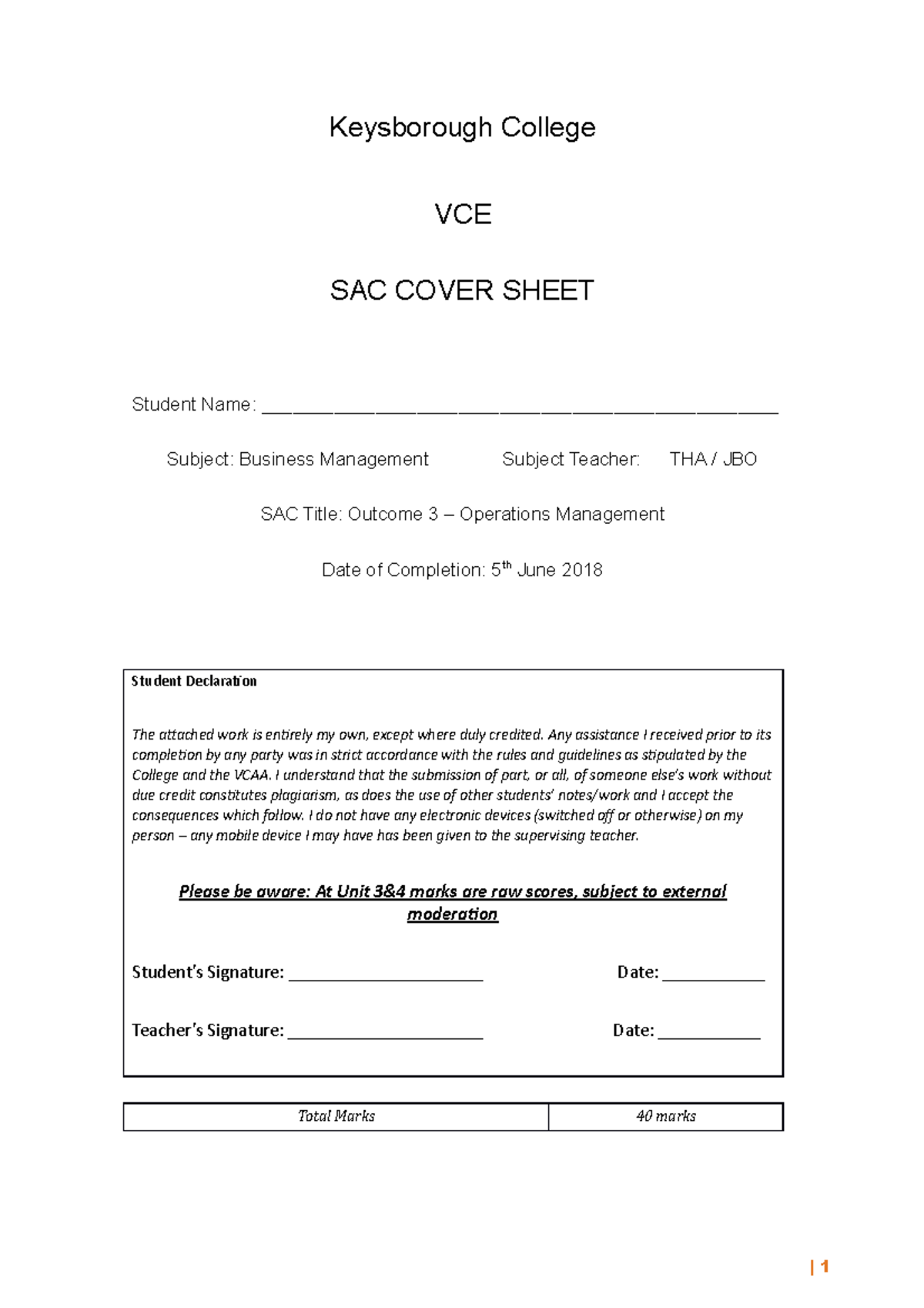 2020U3O3 Rev 2018 3 SAC plus soln Keysborough College VCE SAC COVER SHEET Student