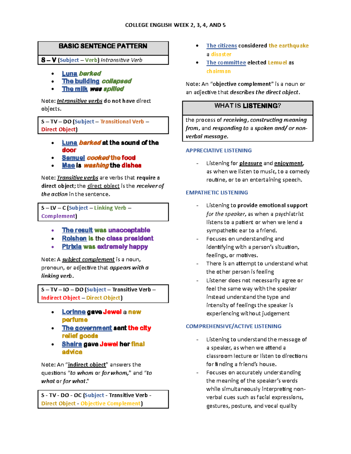 College English Reviewer - BASIC SENTENCE PATTERN S – V (Subject – Verb ...