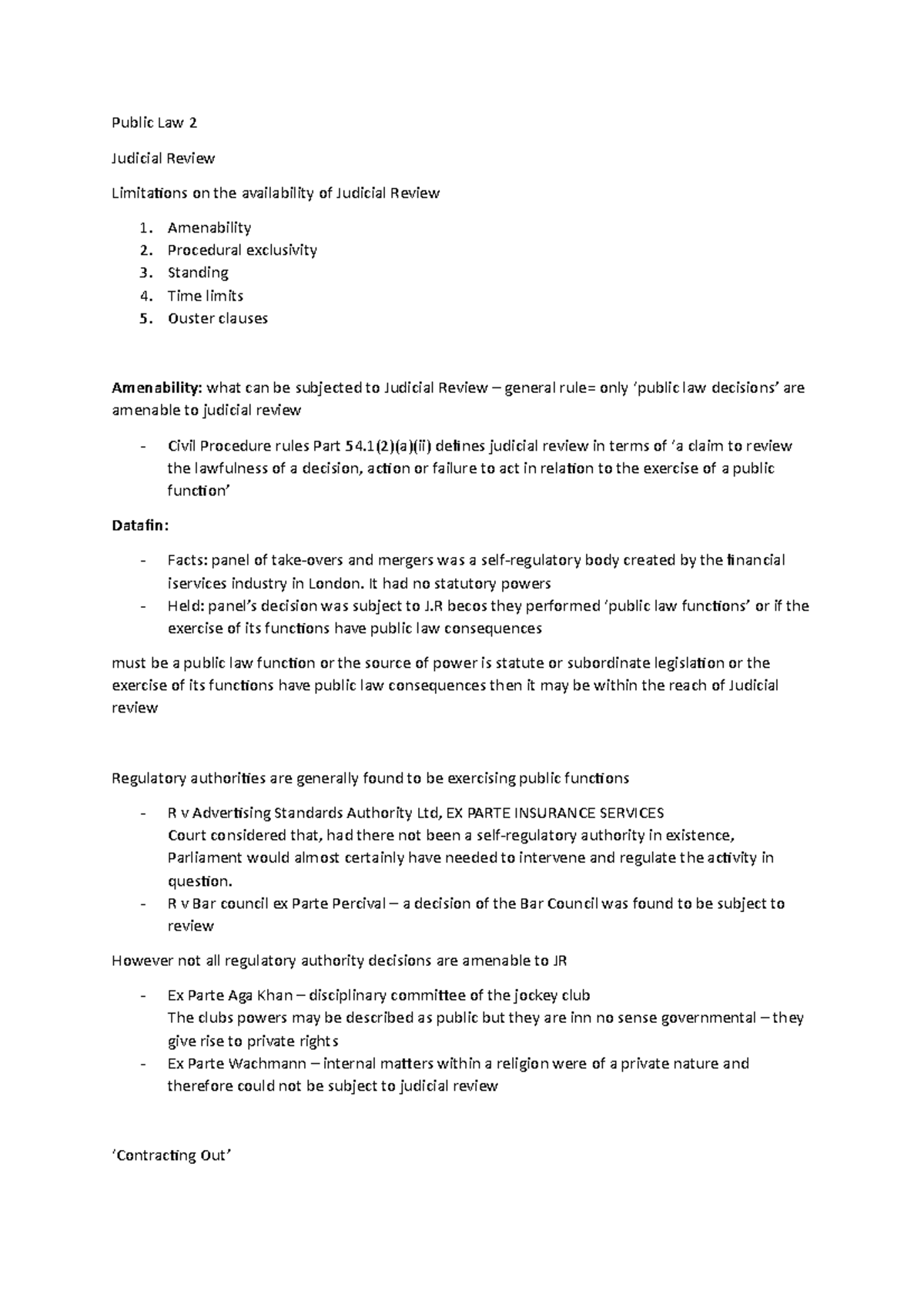 Public Law 2 Notes - w1 - Public Law 2 Judicial Review Limitaions on ...