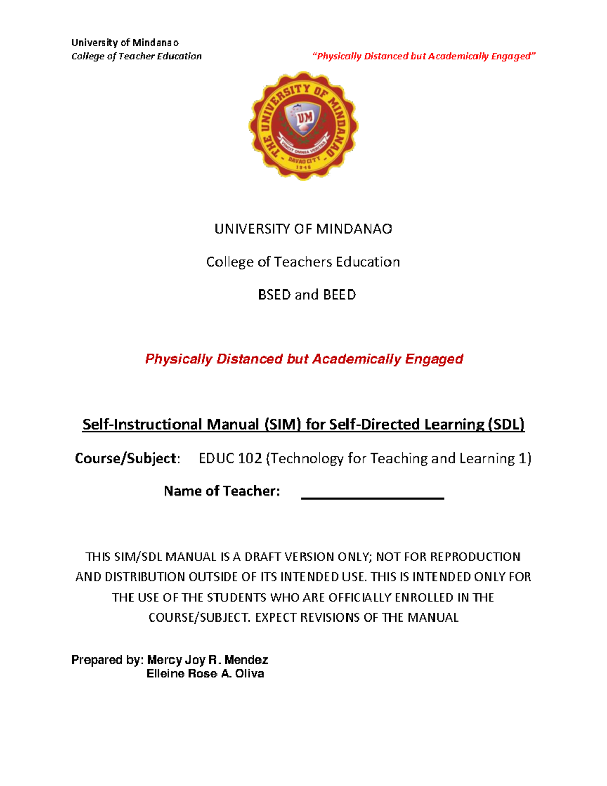 Educ 102 Educ 102 Sim University Of Mindanao College Of Teacher