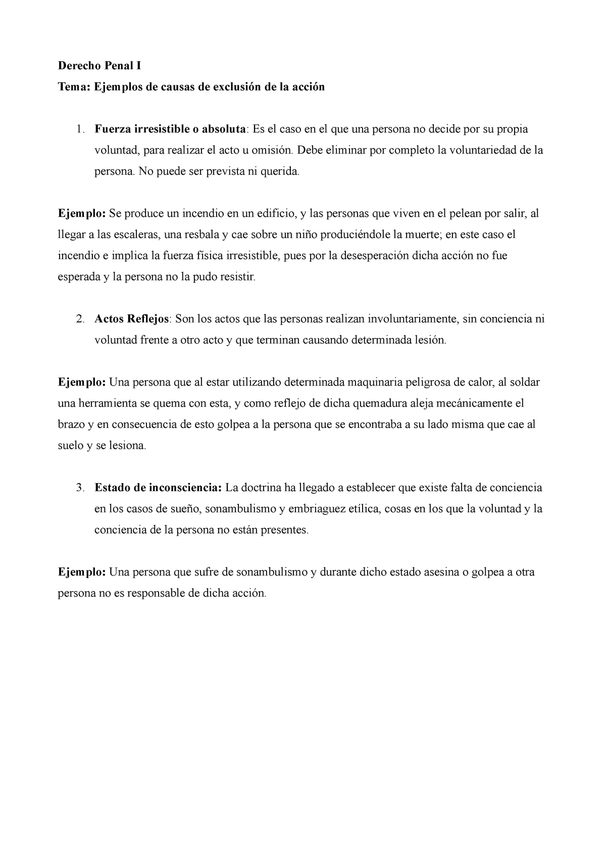 Exclusion de la accion ejemplos - Derecho Penal I Tema: Ejemplos de ...