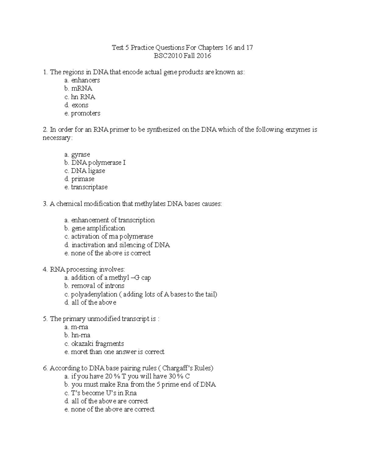 Practice Questions For Chapters 16 And 17 Test 5 Practice Questions 