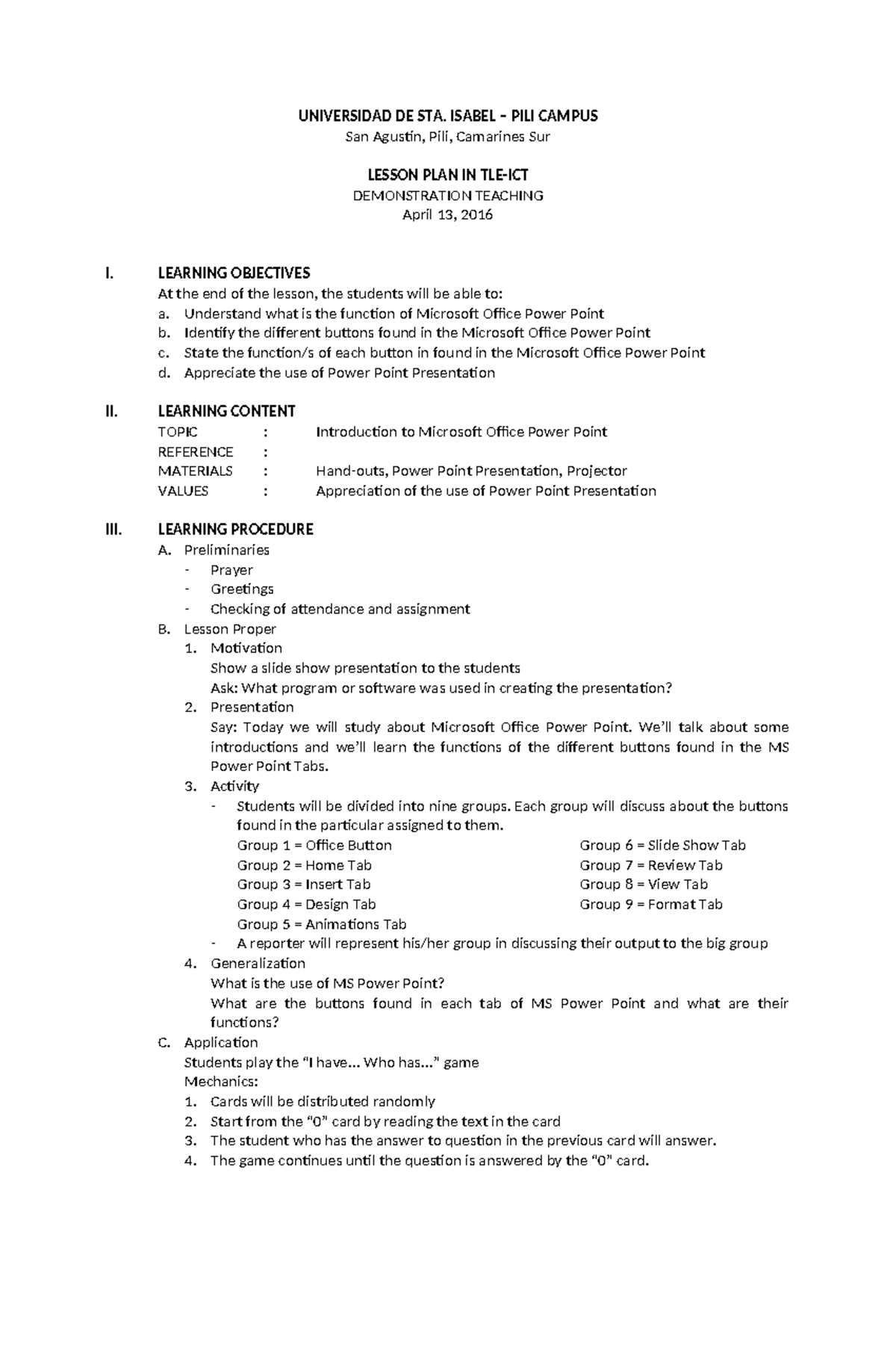 325123693 Lesson Plan in TLE Intro to MS Powerpoint - UNIVERSIDAD DE ...