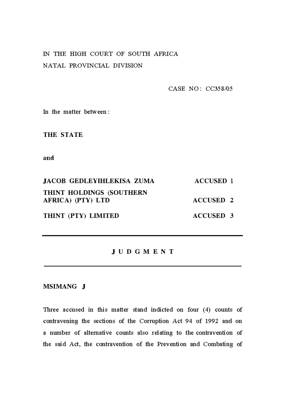 S v Zuma cc35805 - Case of State v Zuma - IN THE HIGH COURT OF SOUTH ...