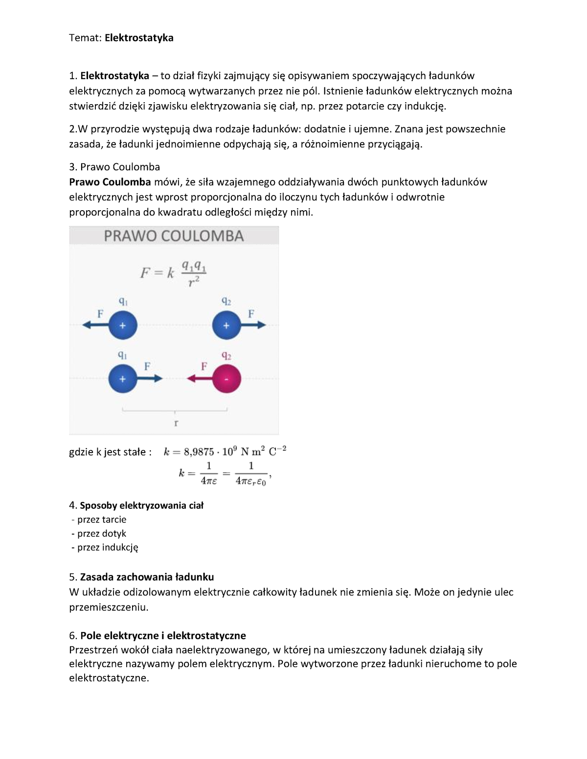 Notatki Fizyka Elektrostatyka - Temat: Elektrostatyka Elektrostatyka ...