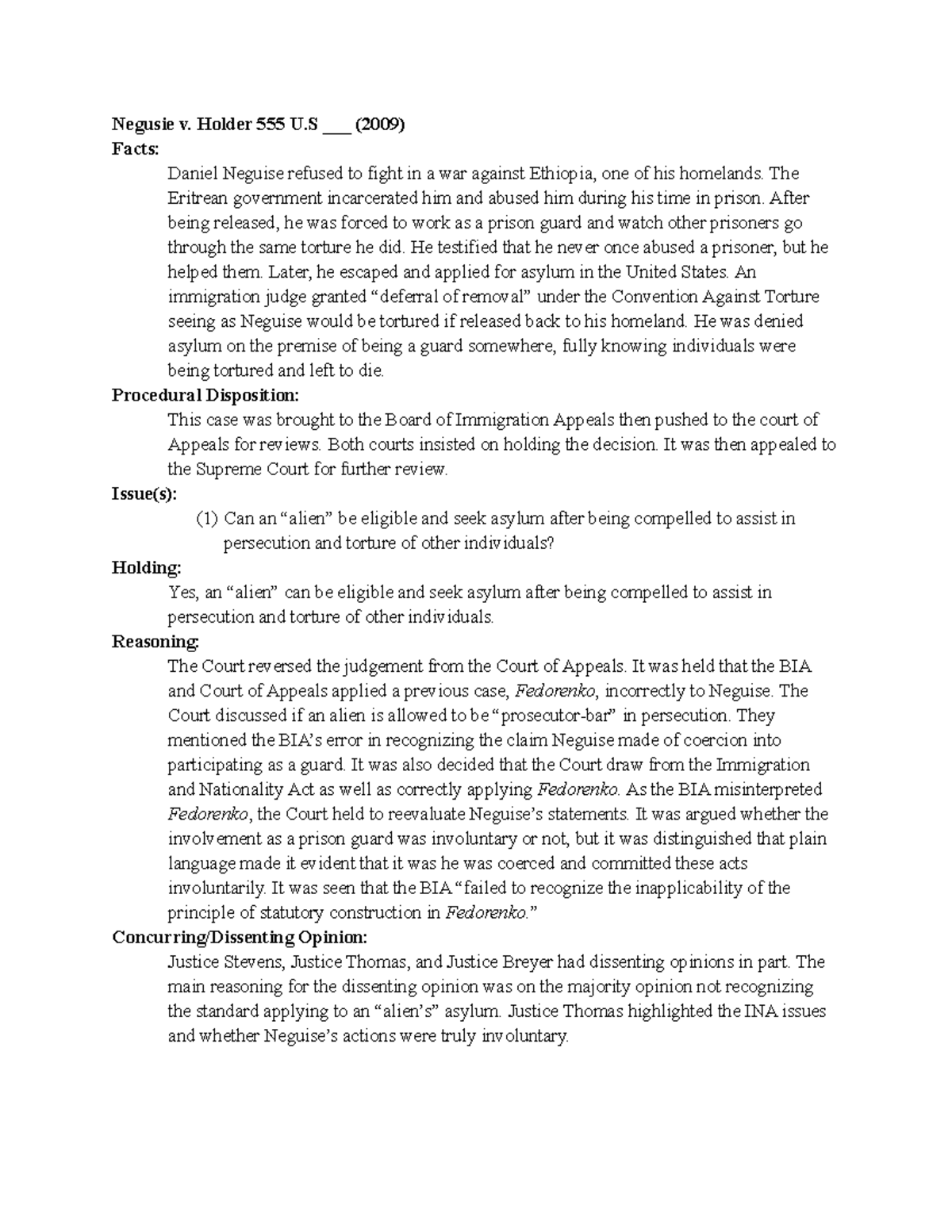 Negusie v Holder Case Brief Negusie v. Holder 555 U ___ (2009