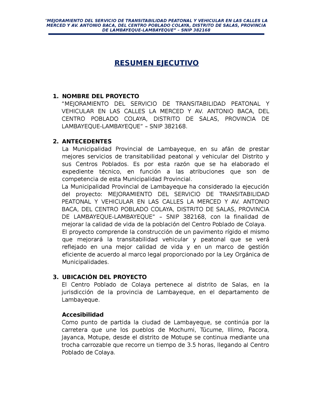 Resumen Ejecutivo - MERCED Y AV. ANTONIO BACA, DEL CENTRO POBLADO ...