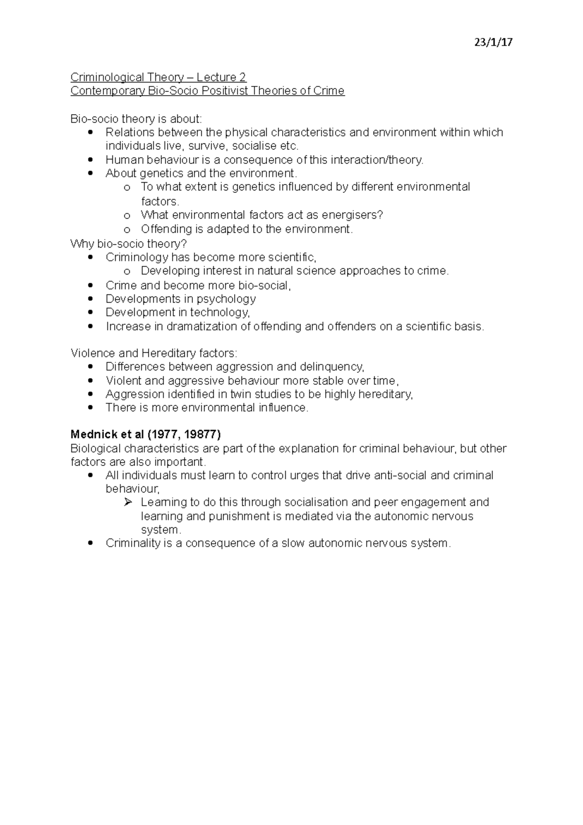 Lecture 2 - Contemporary Bio-Socio Positivist Theories of Crime - 23/1 ...