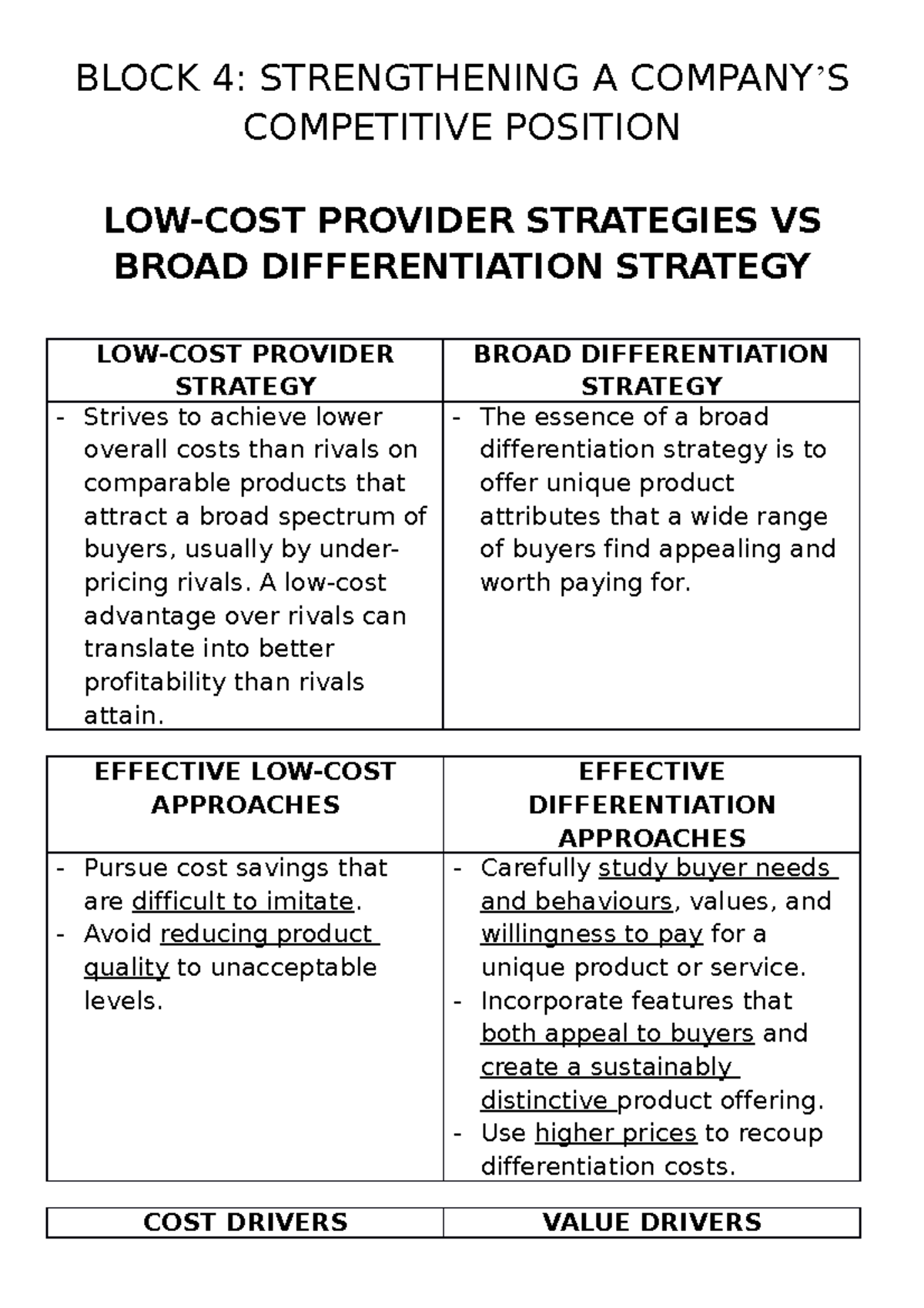 Summary OF LOWCOST VS Broad DIFF Strategies BLOCK 4 STRENGTHENING A