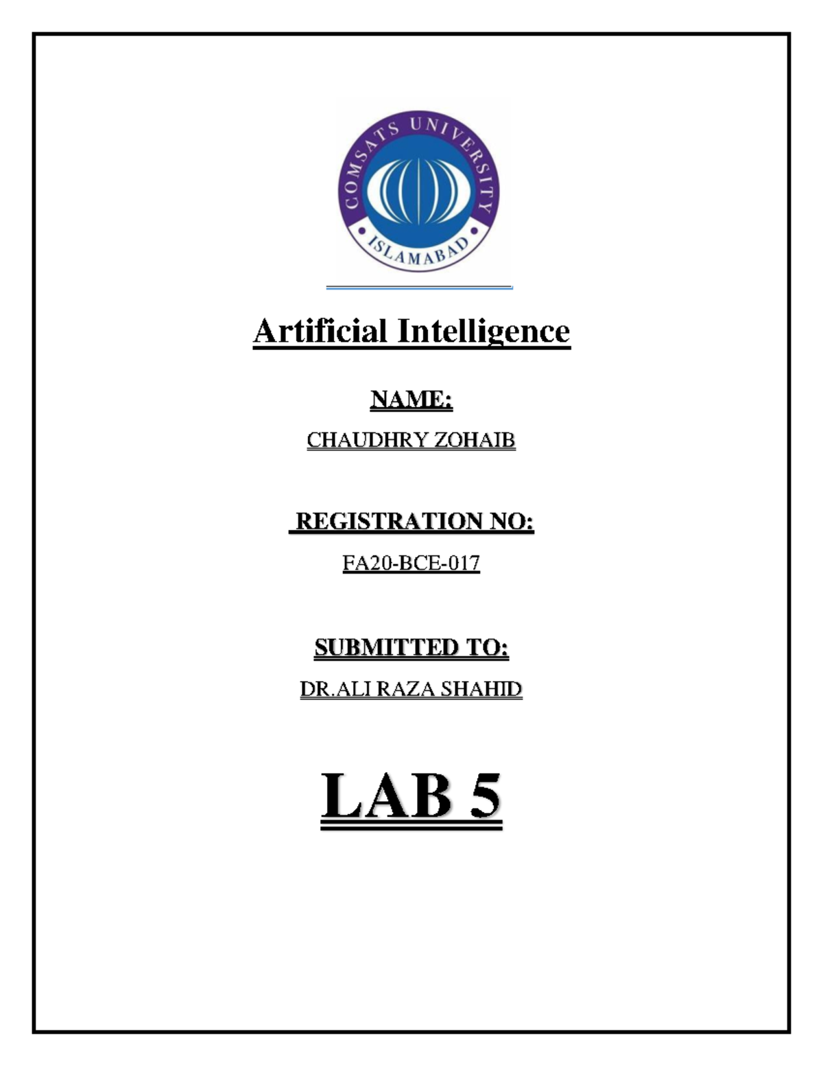 LAB 5 - Lab 5 artifical intelligence - Artificial Intelligence NAME ...
