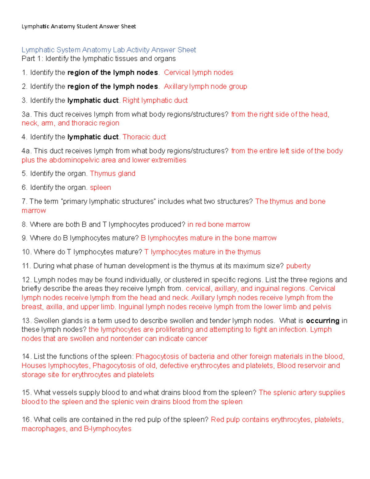 Lymphatic Anatomy Answer Sheet Lymphatic Anatomy Student Answer Sheet