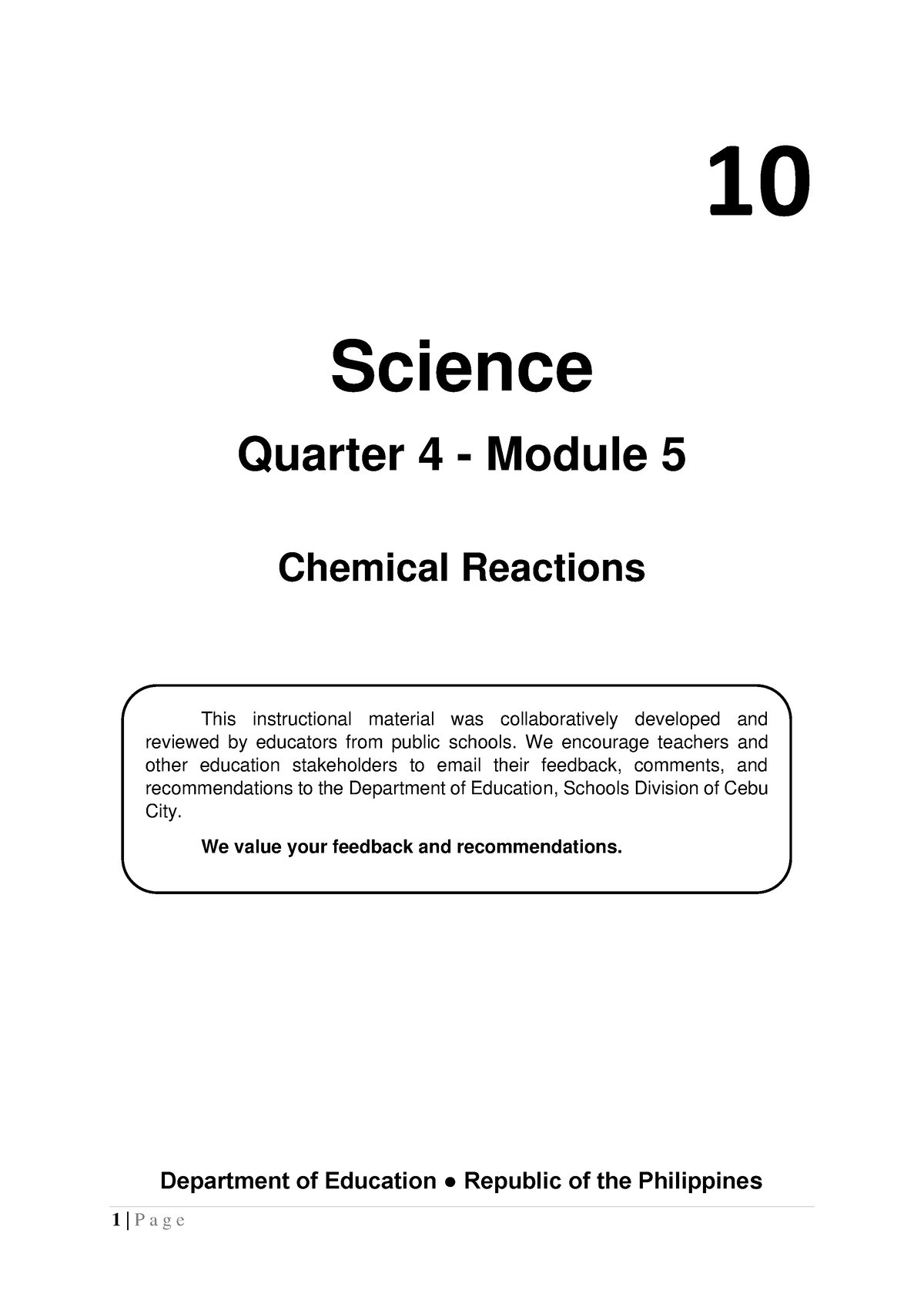 5 Q4 Science 10 Science Quarter 4 Module 5 Chemical Reactions Department Of 